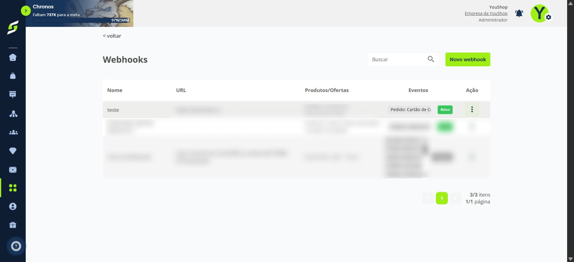 Pronto! O webhook foi criado e já estará pronto para enviar os dados conforme os eventos configurados.