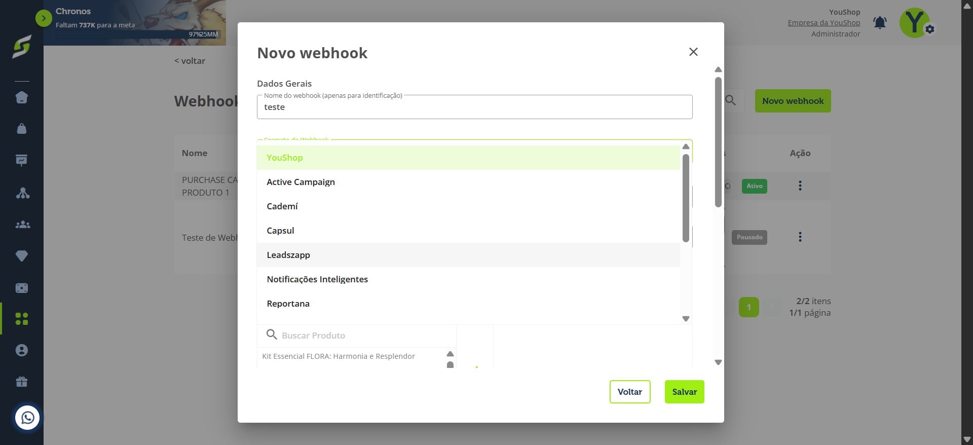 No campo Formato do webhook, selecione Leadszapp.