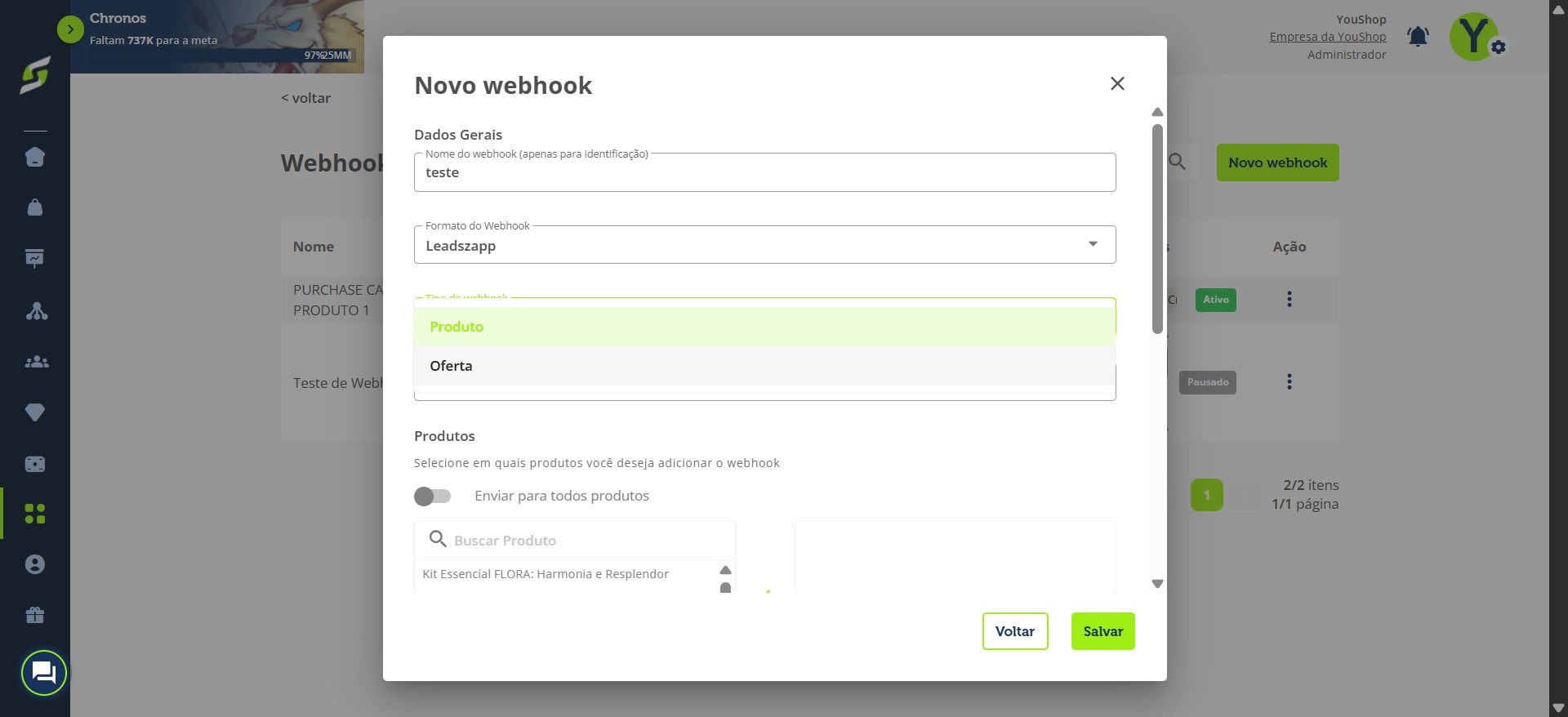Em Tipo de produto, escolha se o webhook será aplicado a Produto ou Oferta.