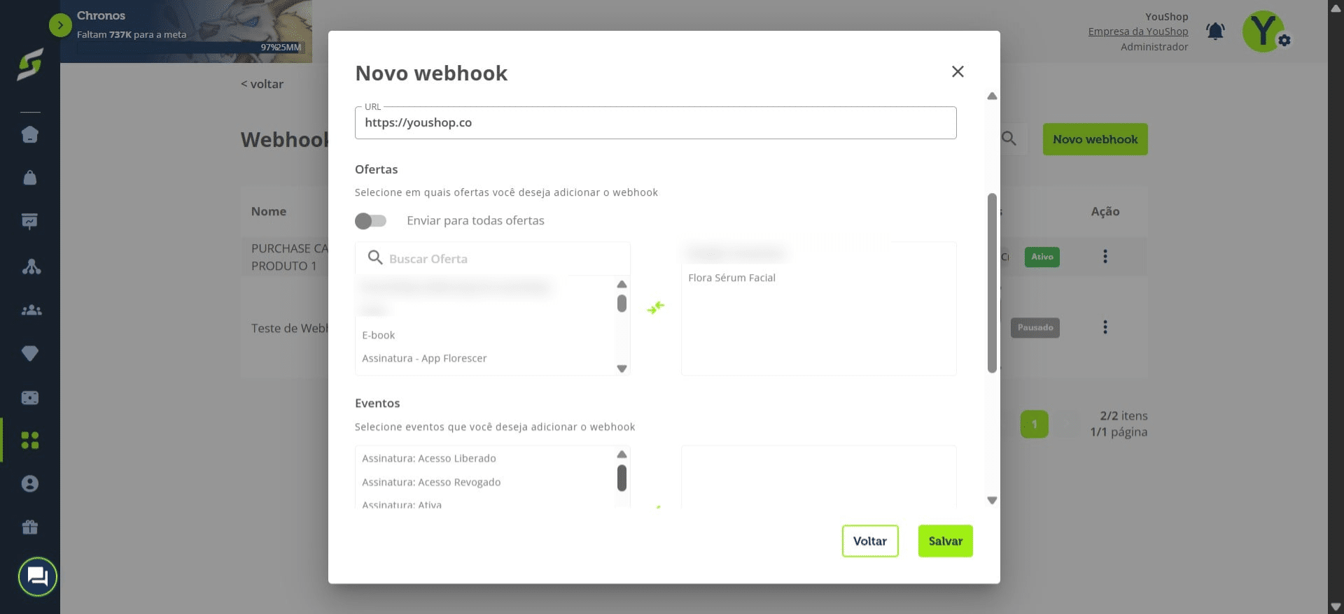 
Selecione os eventos que irão disparar o webhook.