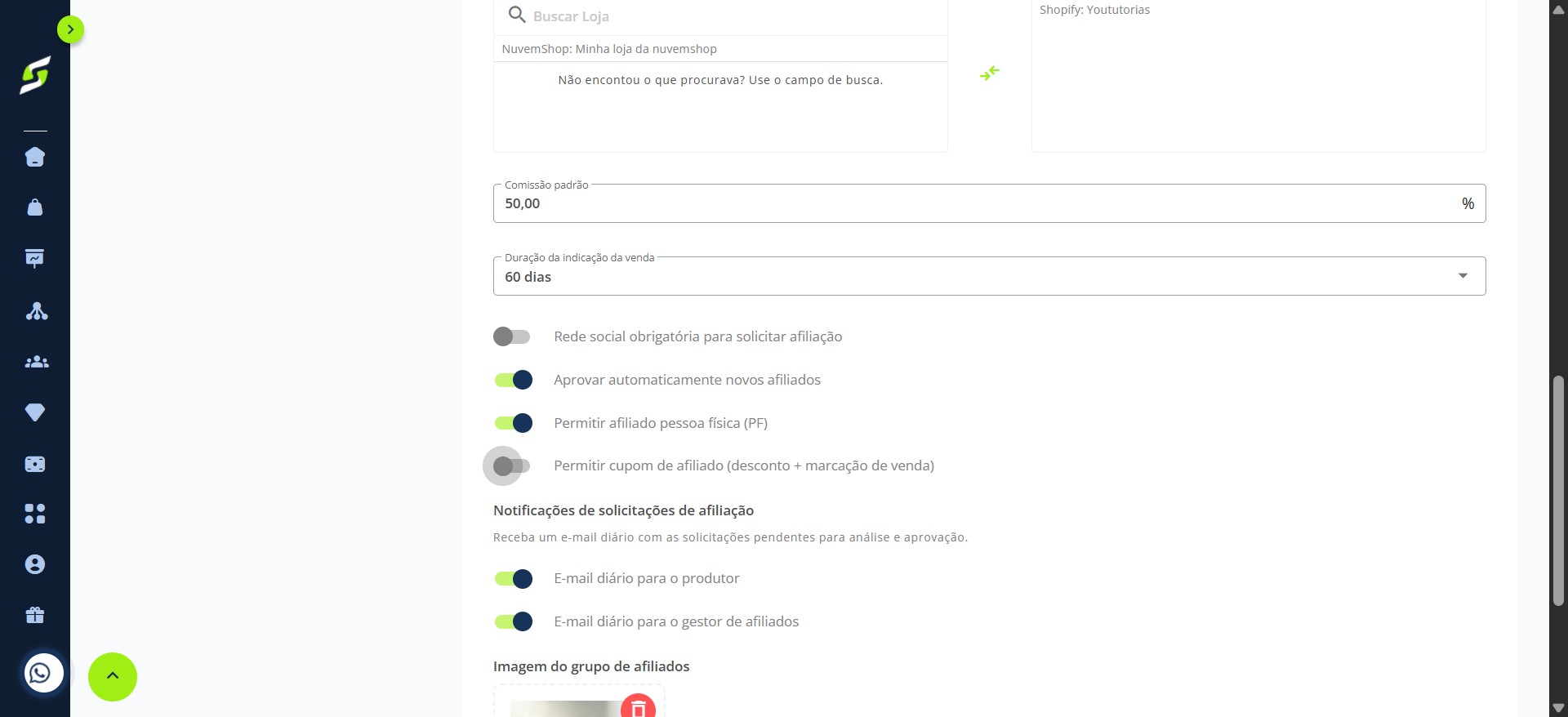 Role a página até encontrar a opção **"Permitir cupom de afiliado"**.