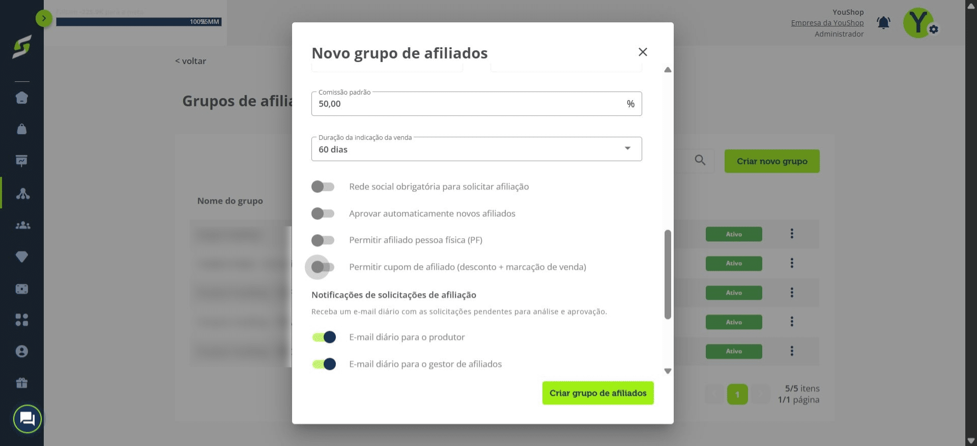 Ative a opção **"Permitir cupom de afiliado"**.