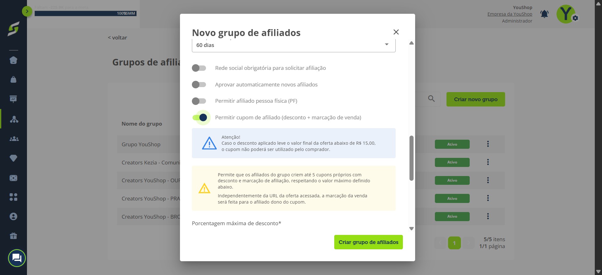 Clique em **"Criar grupo de afiliados"**.
