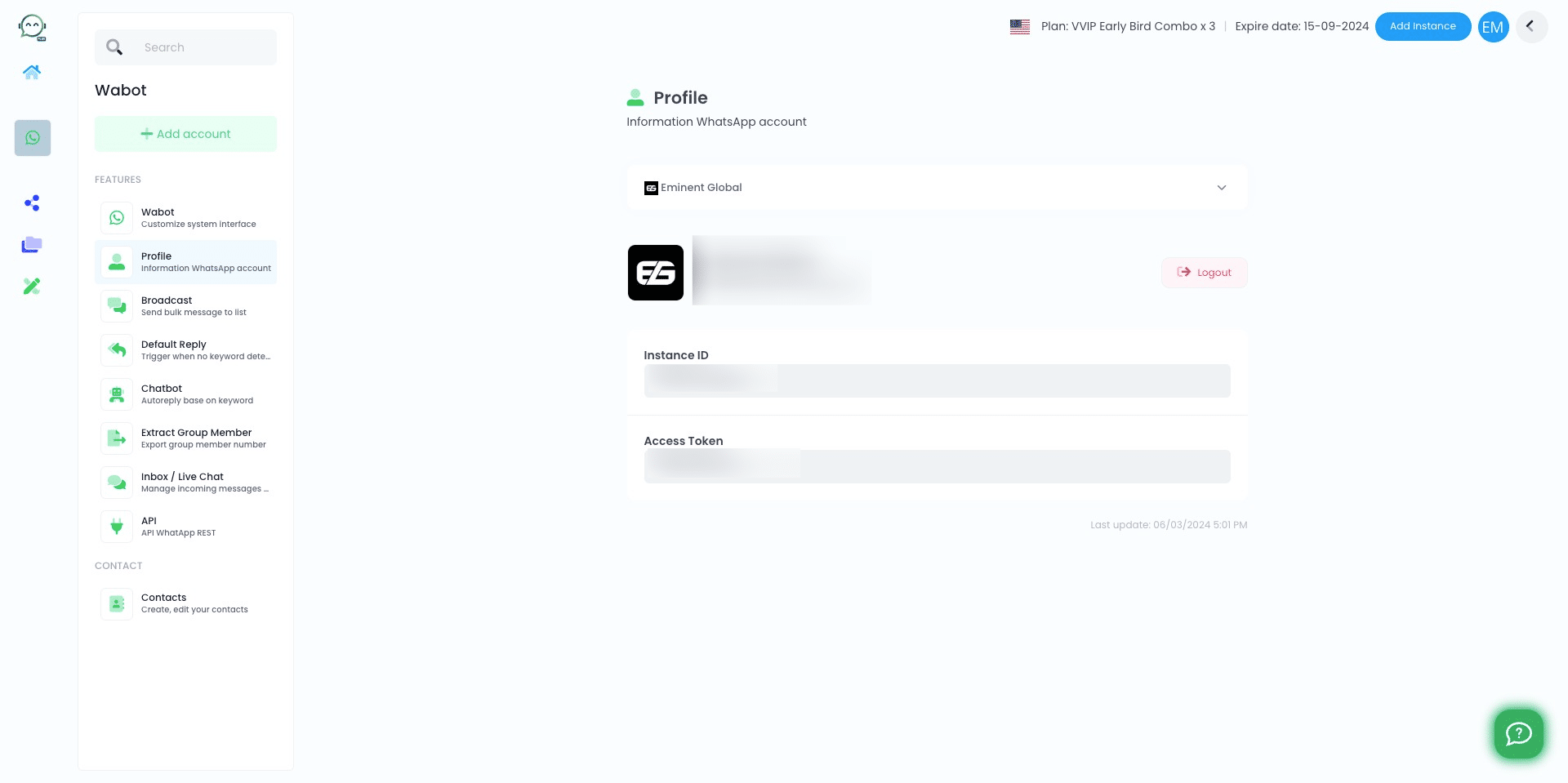 Here you will find your Instance ID & Access Token 