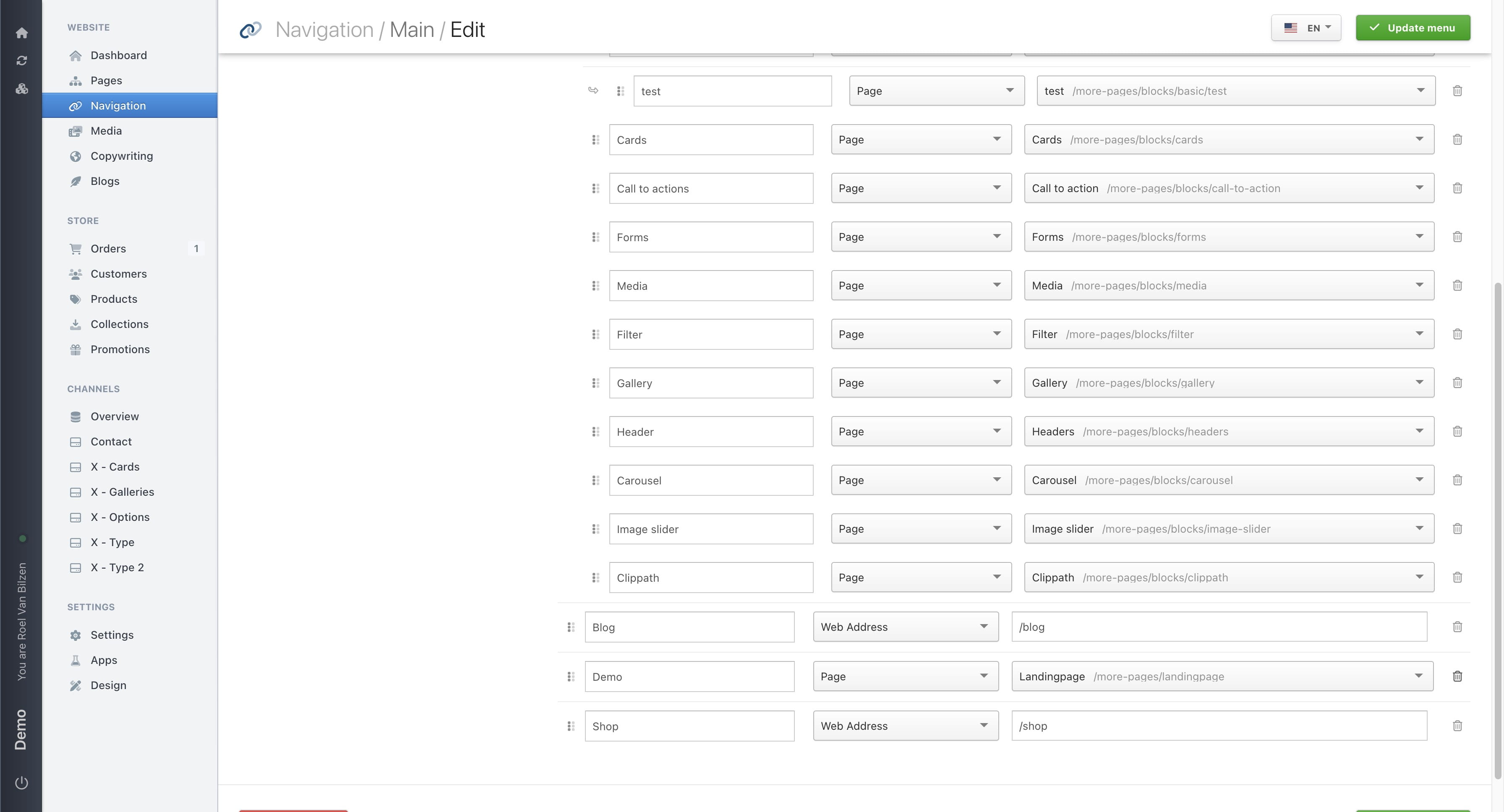The garbage bin icon will remove the navigation item.