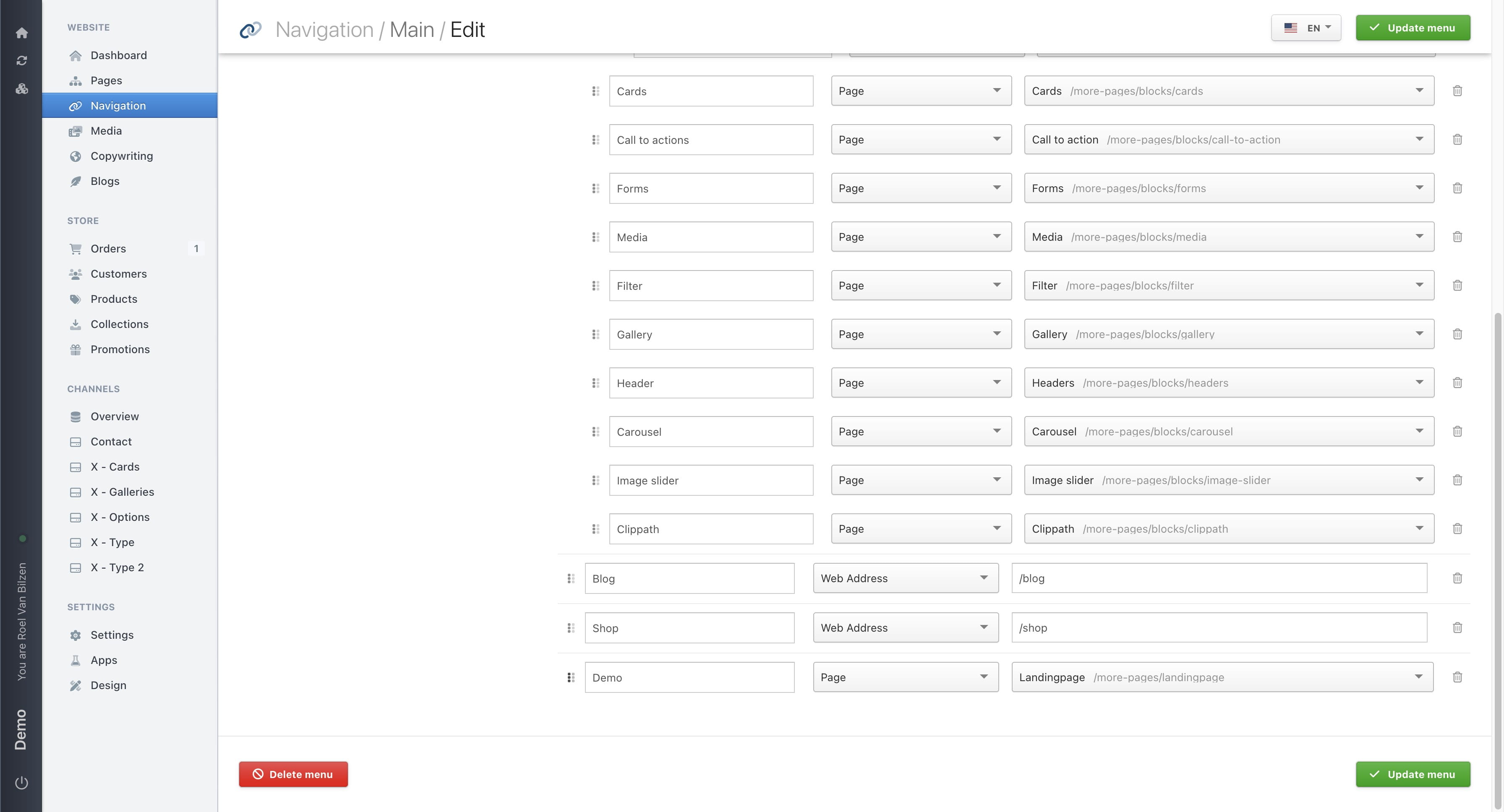 With the six dots on the left of each navigation item, you can change the order and hierargy of the items. Moving up and down changes the order in which the items will be presented. Moving to the right will place an item under another and left to undo this.