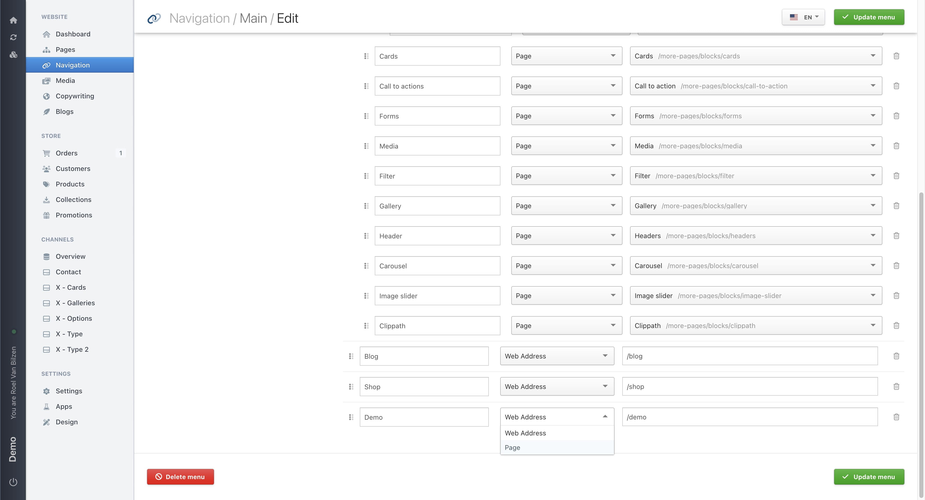 For "Page", you get a dropdown with all the existing pages on the site. Select the page you want to connect to this navigation item.