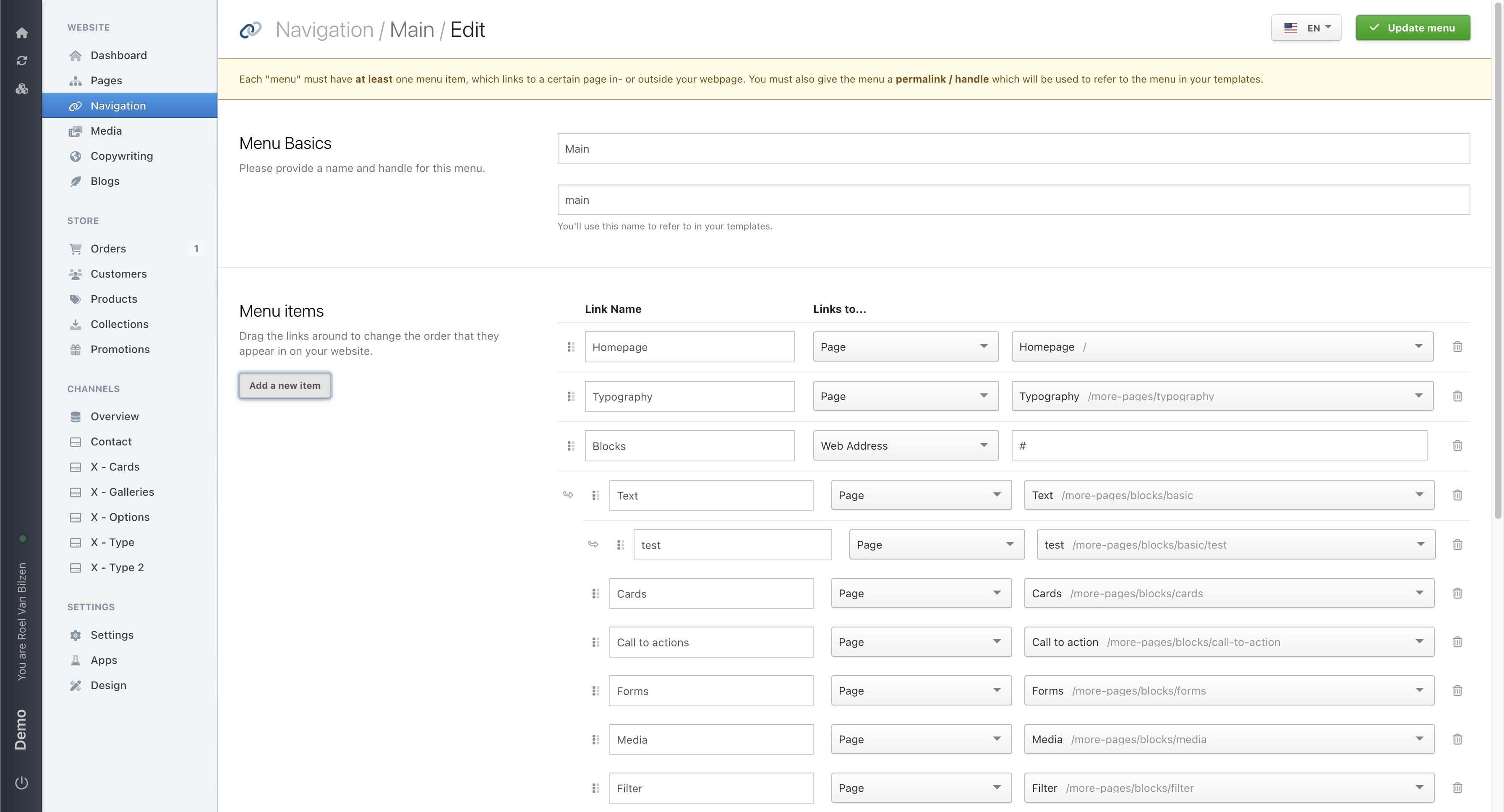 Click on "Add a new item" to add a new link in the navigation.