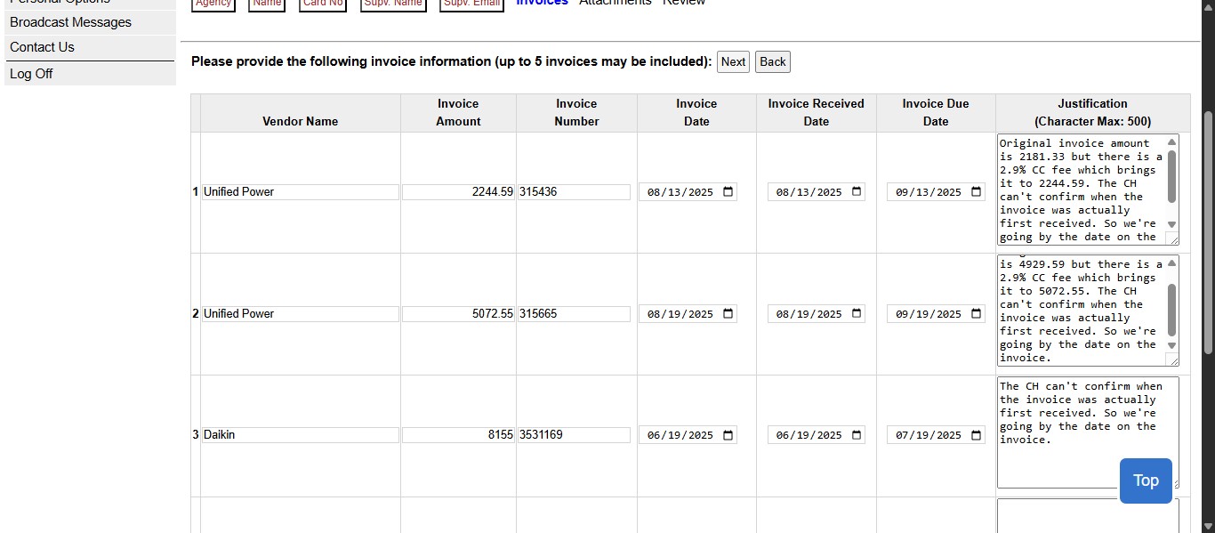 Once you have all invoice information entered and have double checked the accuracy against the Late Payment Request Form, click Next.