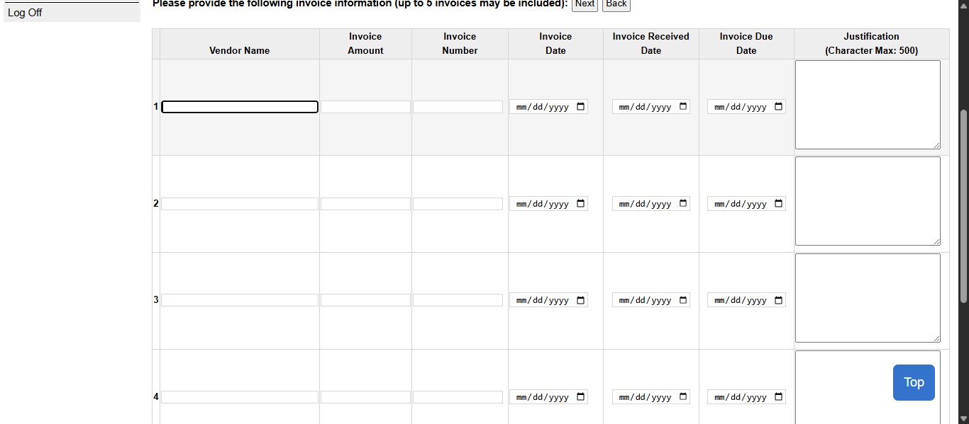 Fill out the information within this form based on the information provided in the Late Payment Request Form submitted to the SPCC Administrators. You can enter up to 5 separate invoices at a time if they are for the same cardholder.