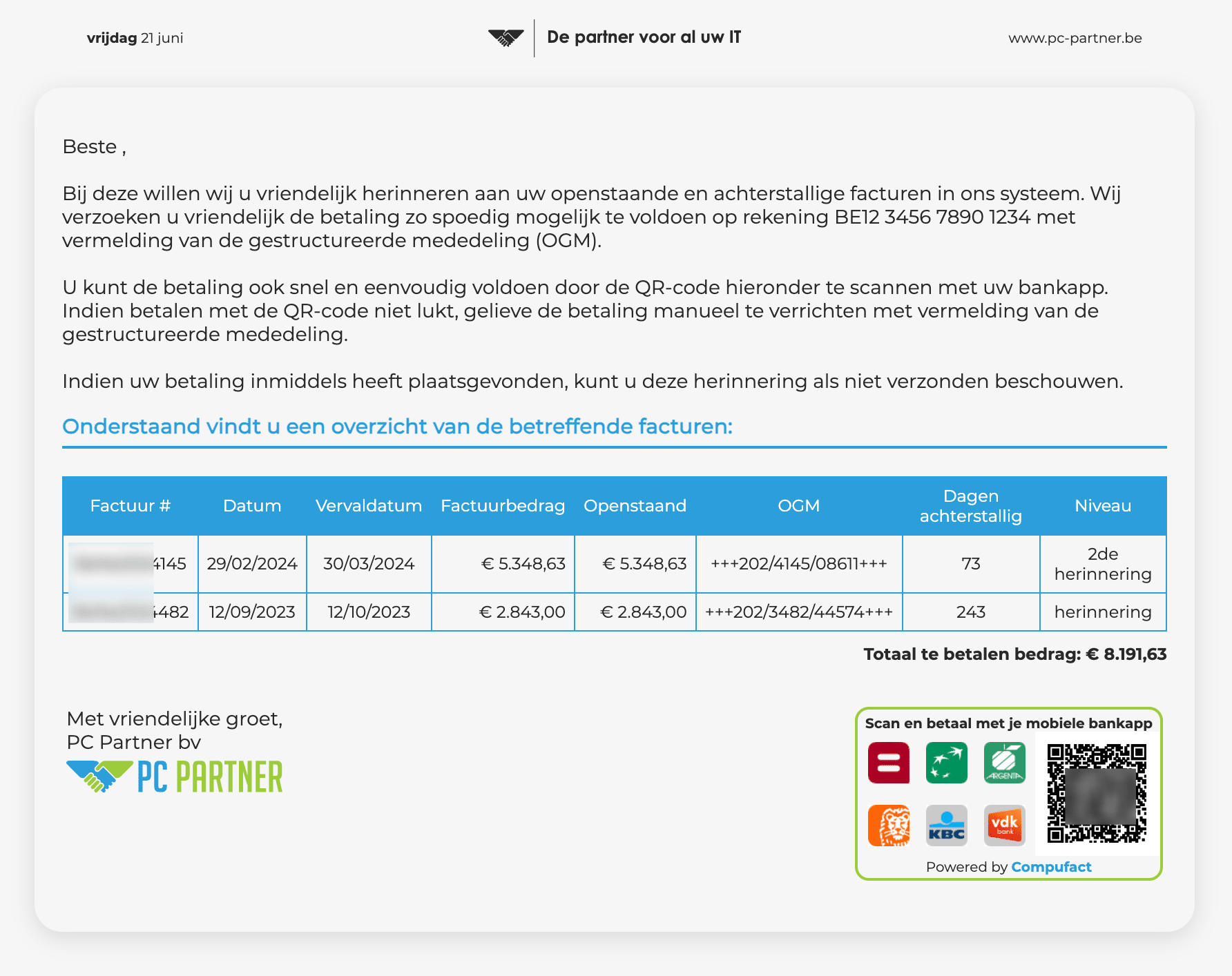 Alle geselecteerde klanten krijgen een overzicht van hun openstaande en vervallen facturen. Op basis van de kolom "Niveau" wordt bepaald welk begeleidend schrijven er zal toegepast worden. Hieronder een voorbeeld van hoe dit overzicht eruit zal zien. Er wordt ook automatisch een QR-code getoond met het totaal van het openstaande bedrag. De klant kan dan makkelijk via zijn bankapp de betaling uitvoeren. Voor klanten die gebruik maken van de module CODA (verwerken bankgegevens) is er goed nieuws! De betaling via de QR-code bevat alle factuurnummers in de mededeling waardoor de corresponderende facturen zonder kans op fouten op betaald komen te staan. 