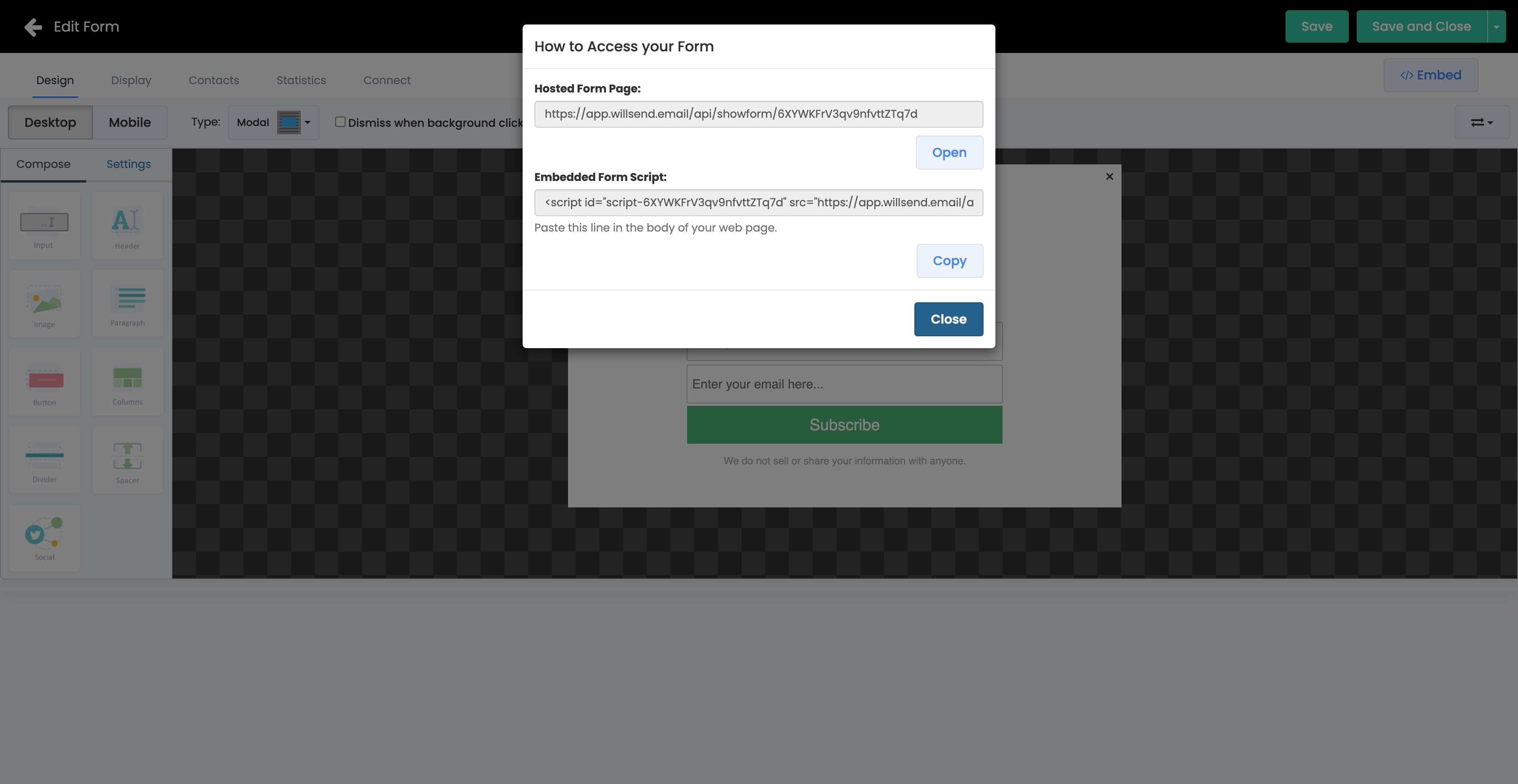 To embed the optin form to your webpage, simply click </>Embed and copy the "Embedded Form Script" and paste in your webpage.