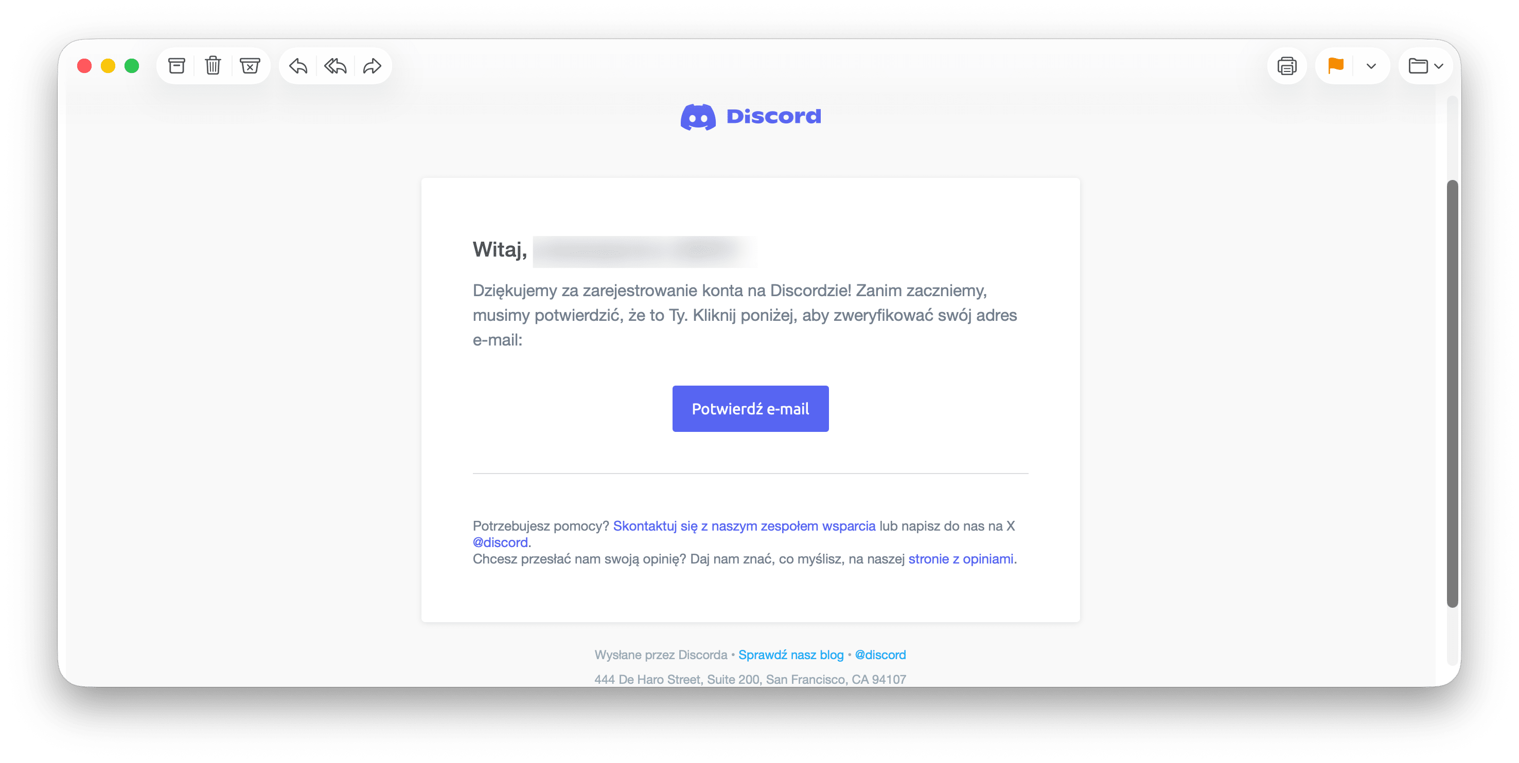 Przejdź do swojej skrzynki e-mail, odnajdź wiadomośc od Discorda i kliknij "Potwierdź e-mail".