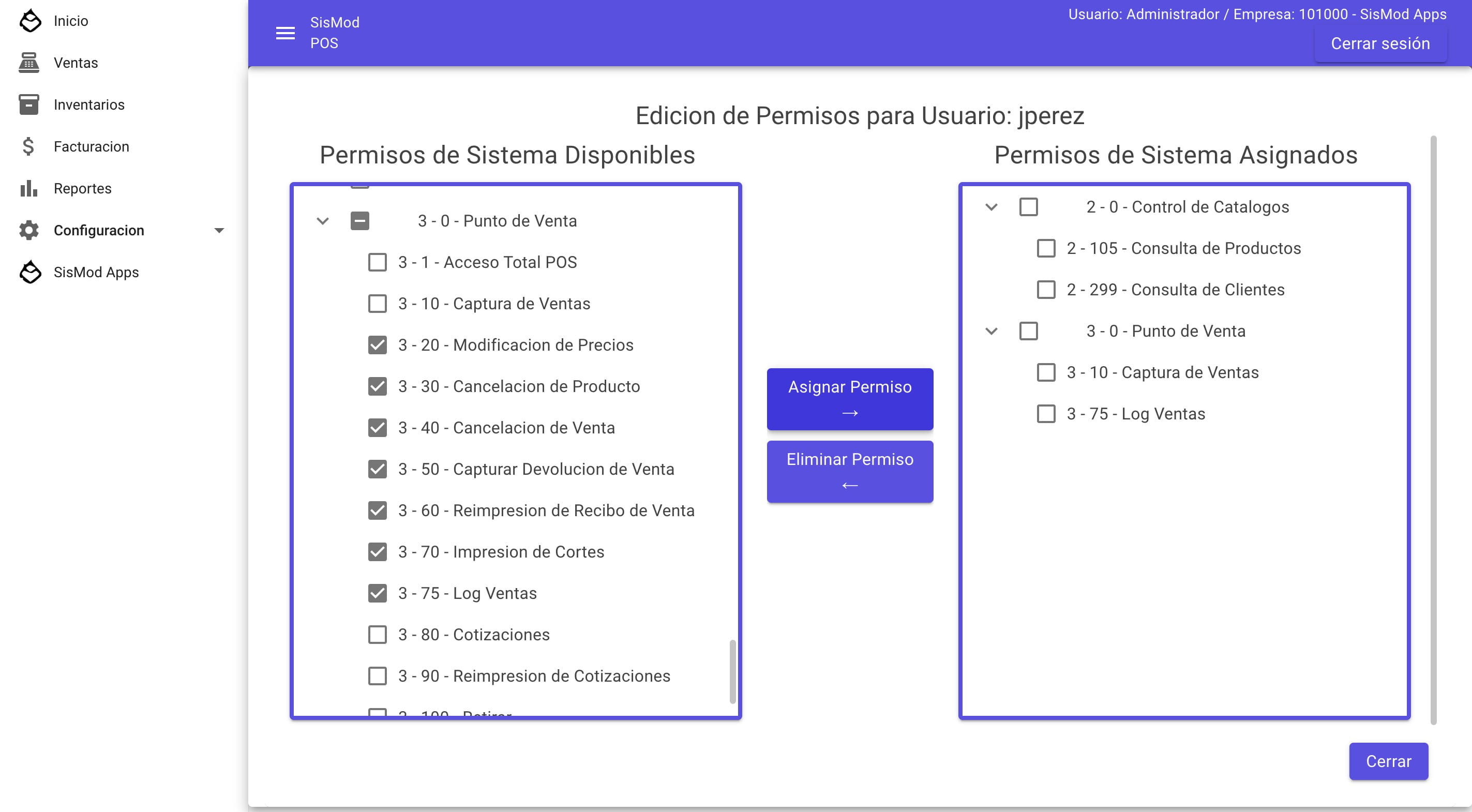 Solo seleccione los permisos a asignar del lado izquierdo y de click en boton "Asignar Permiso  →"