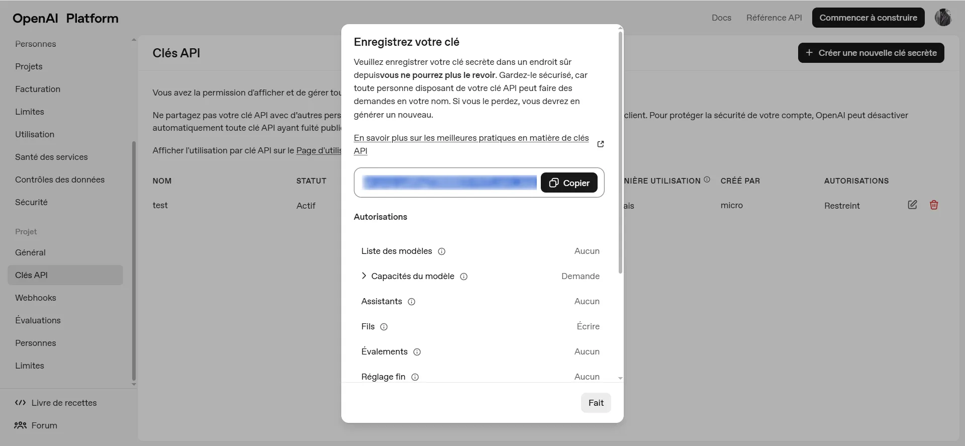 Copiez votre clé en appuyant sur copier puis sauvegardez votre clé en lieu sur pour éviter de la perdre.