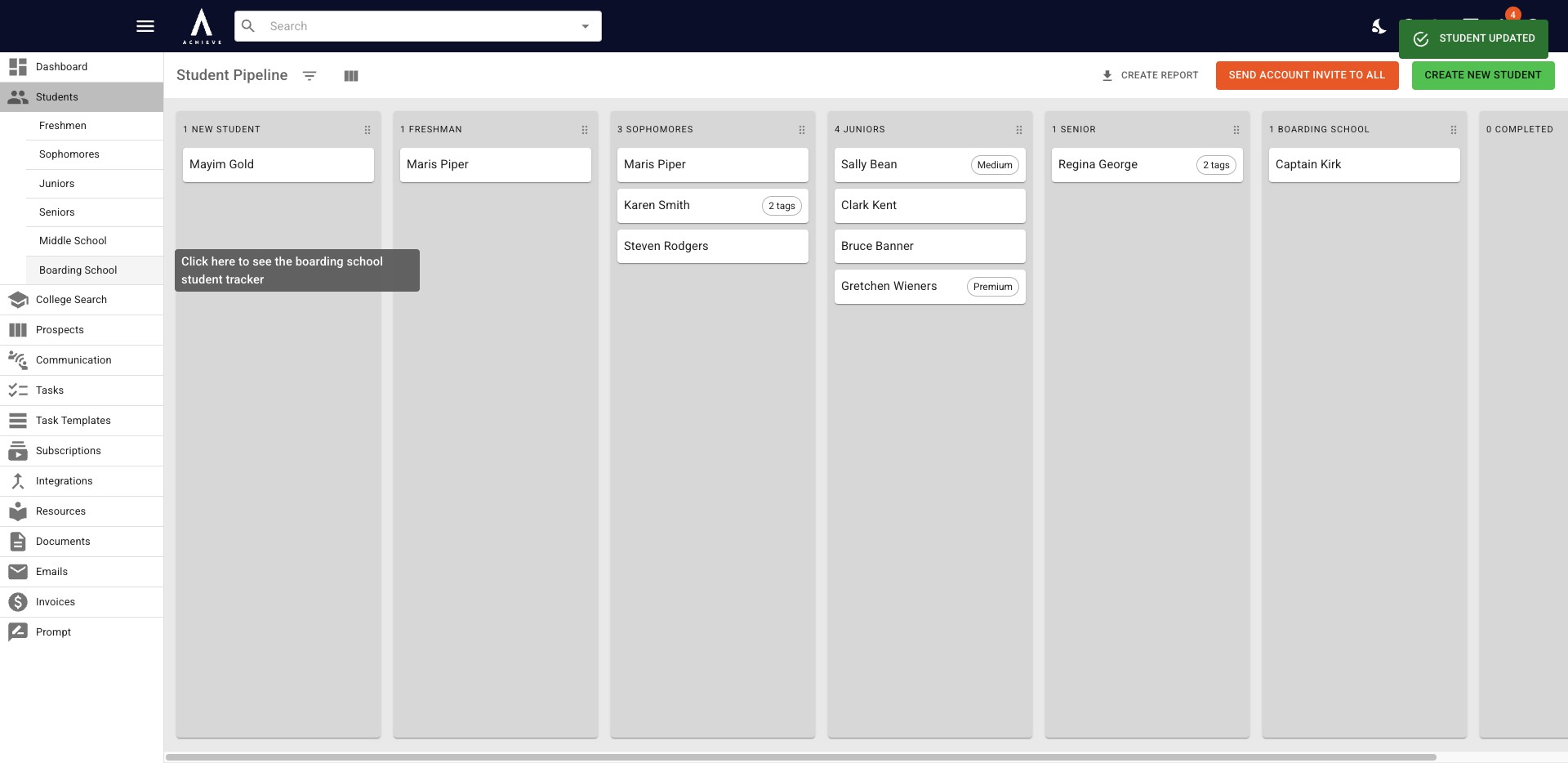 Once a student has been assigned that status category, a customizable tracker for that status will appear on the left-hand side.