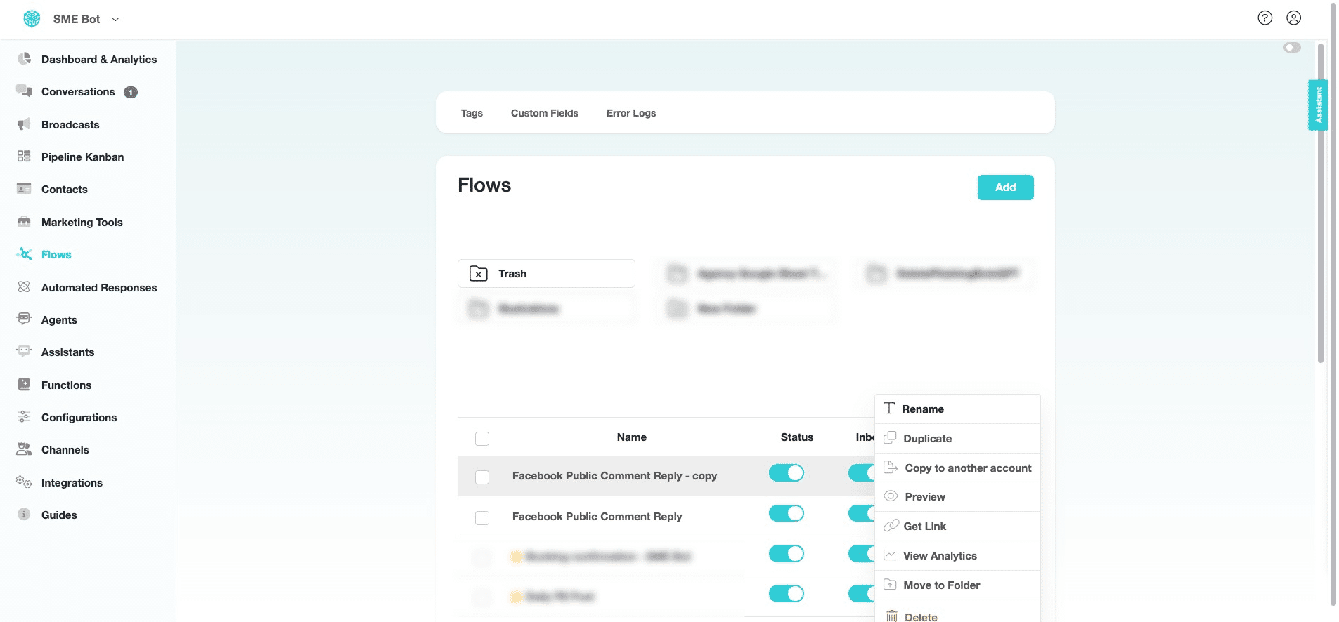At the newly duplicated flow, click on the three dots icon and select "Rename" to update its name.