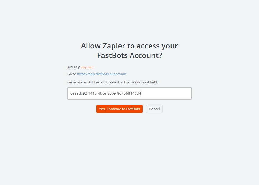 Click on "Yes, Continue to Fastbots" to connect the Fastbots with Zapier.