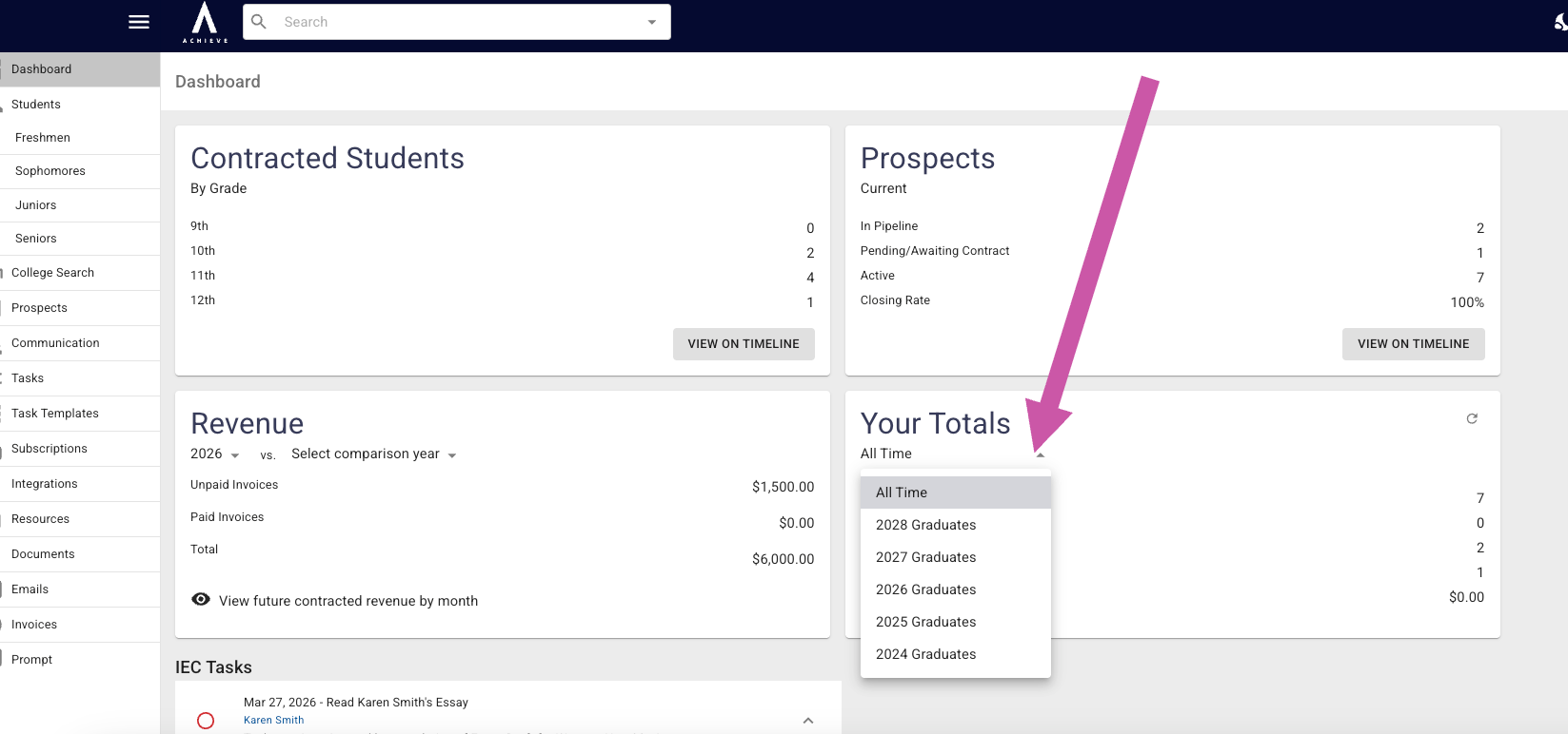 To view the **Totals** for a specific year, select the year from the drop-down menu.