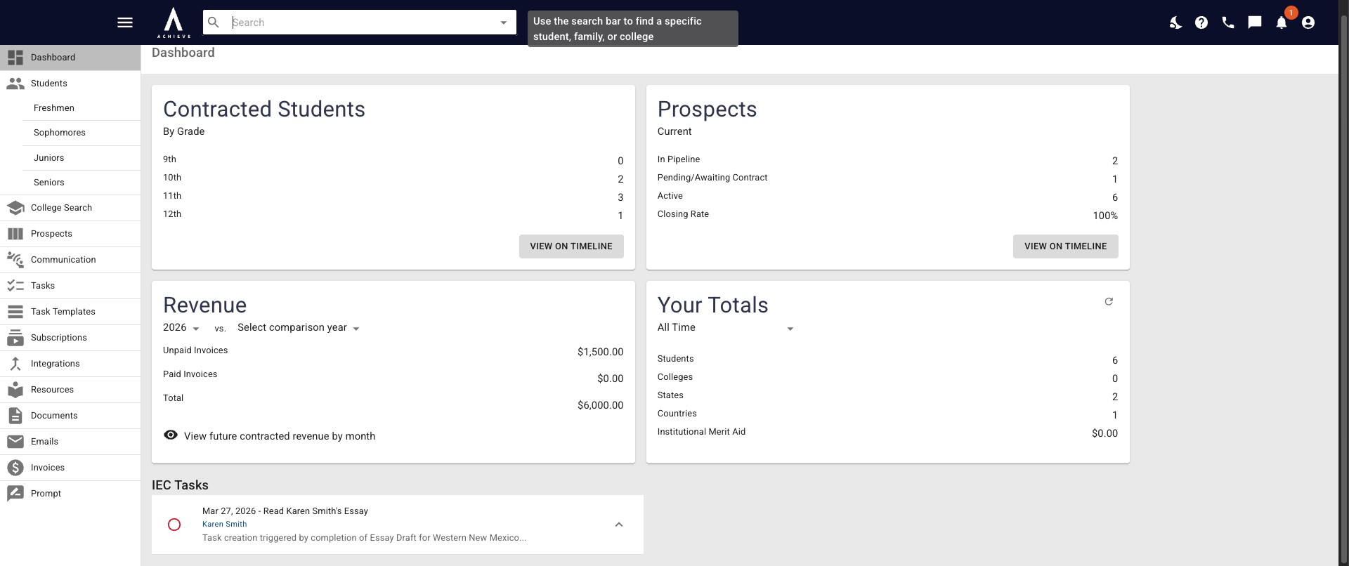 At the top of your dashboard and every screen in Achieve, you'll find the **Search Bar**. You can use this to search for students, families, and colleges. 