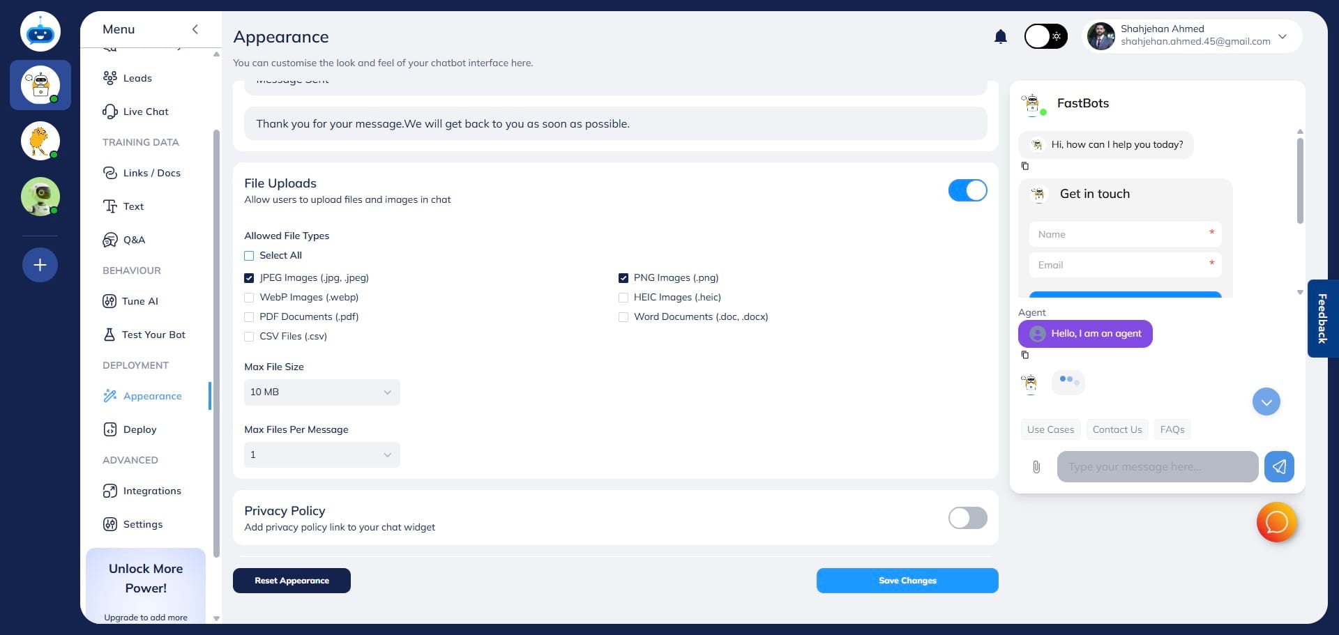 Select the different file types that you want the user to be able to upload to the chatbot window during the conversation. You can click on "Select All" if you want to allow the users to upload any type of file.