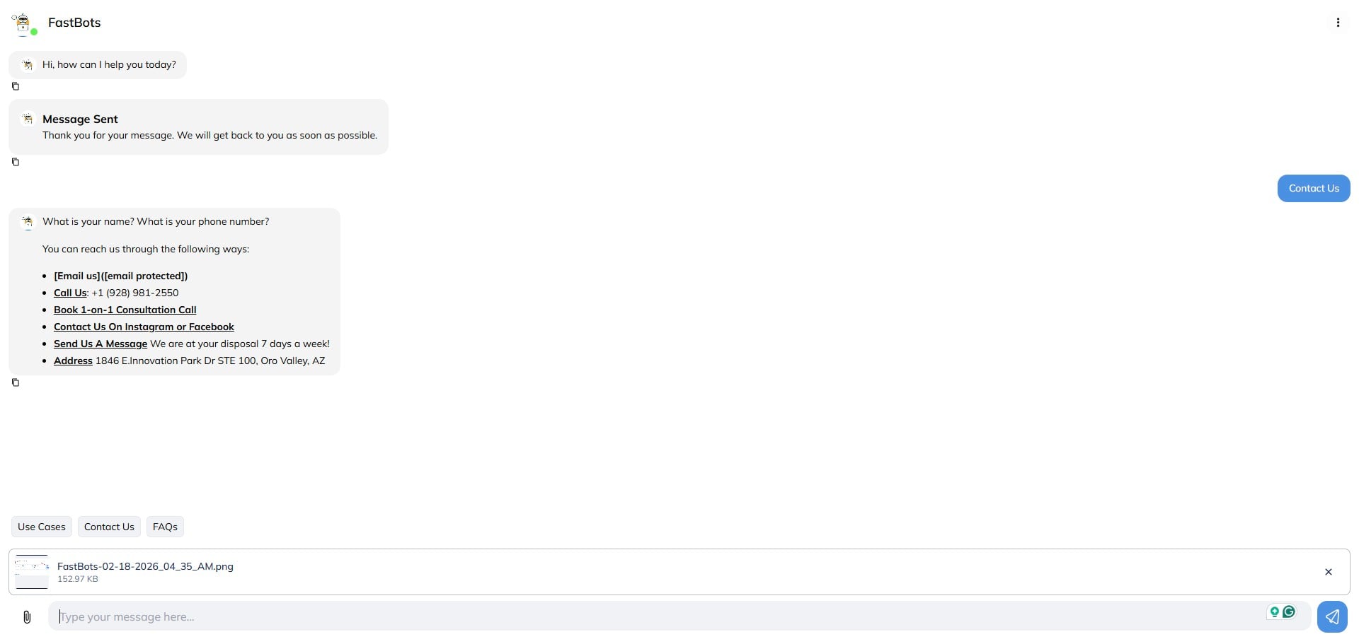 Here you can test the chatbot by uploading a file in real time. Upload the file and click on Send button