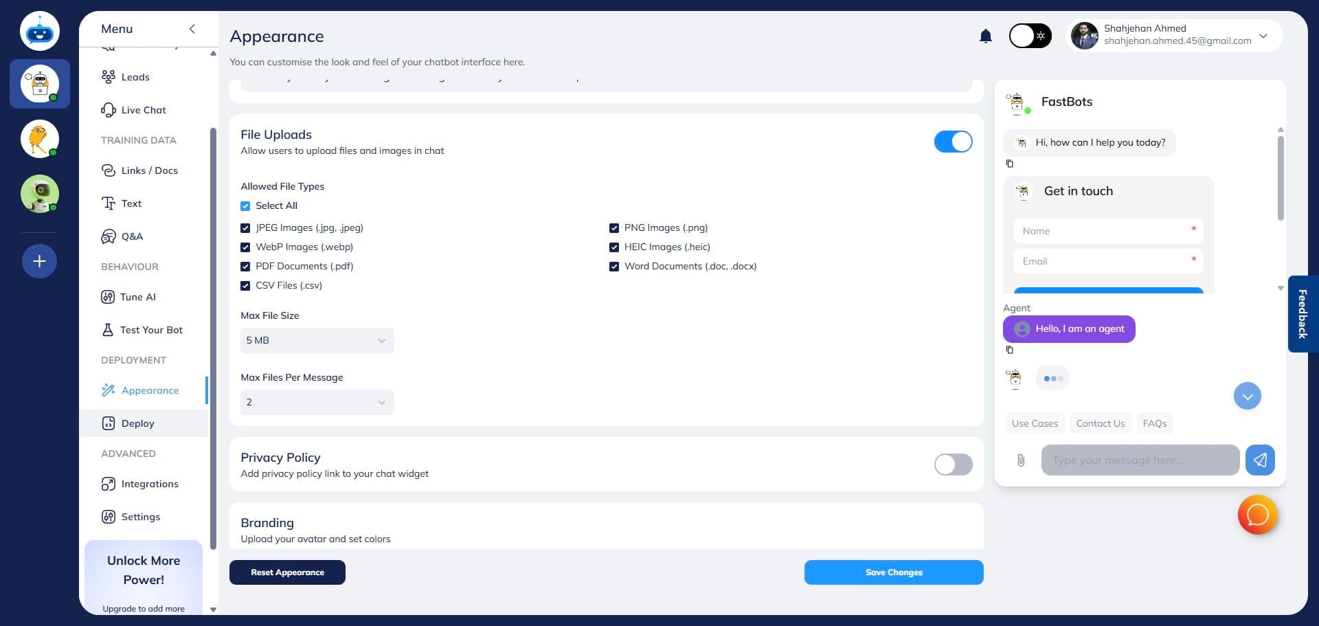 Now, to test the chatbot, click on the "Deploy" button to open this page.