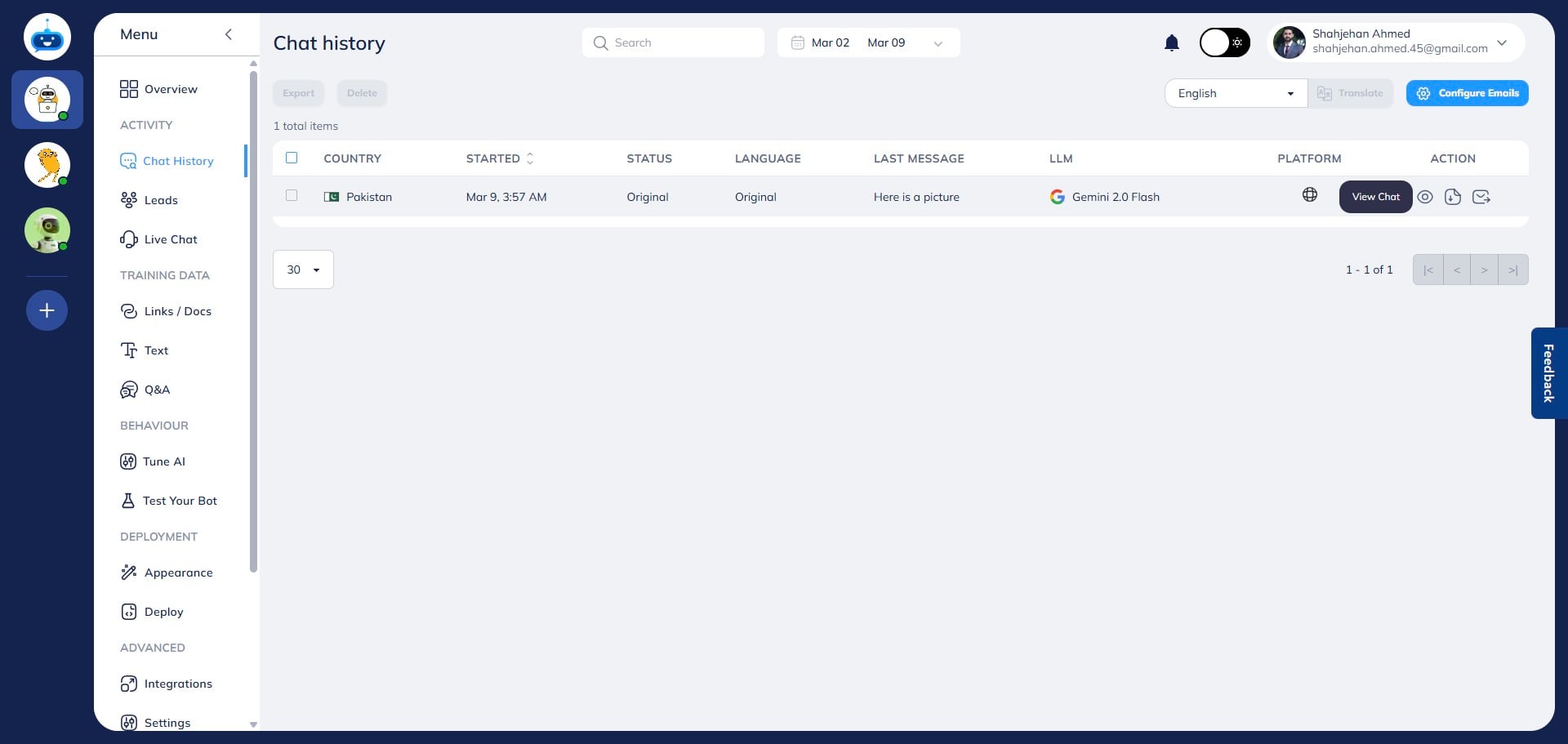 You can find all the users' uploaded files on the chat history page. Open the chat history page, click on "View Chat" option to open the conversation and it will show you the file that user has uploaded in a specific conversation. 