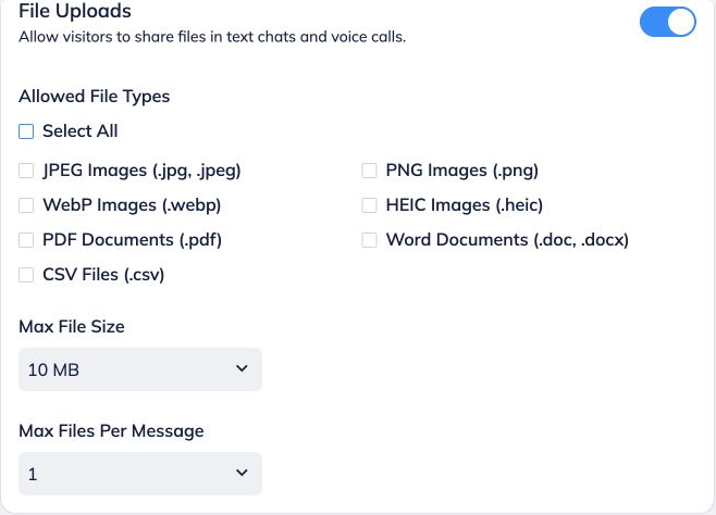 Open **Deployment → Chat Widget → File Uploads**.