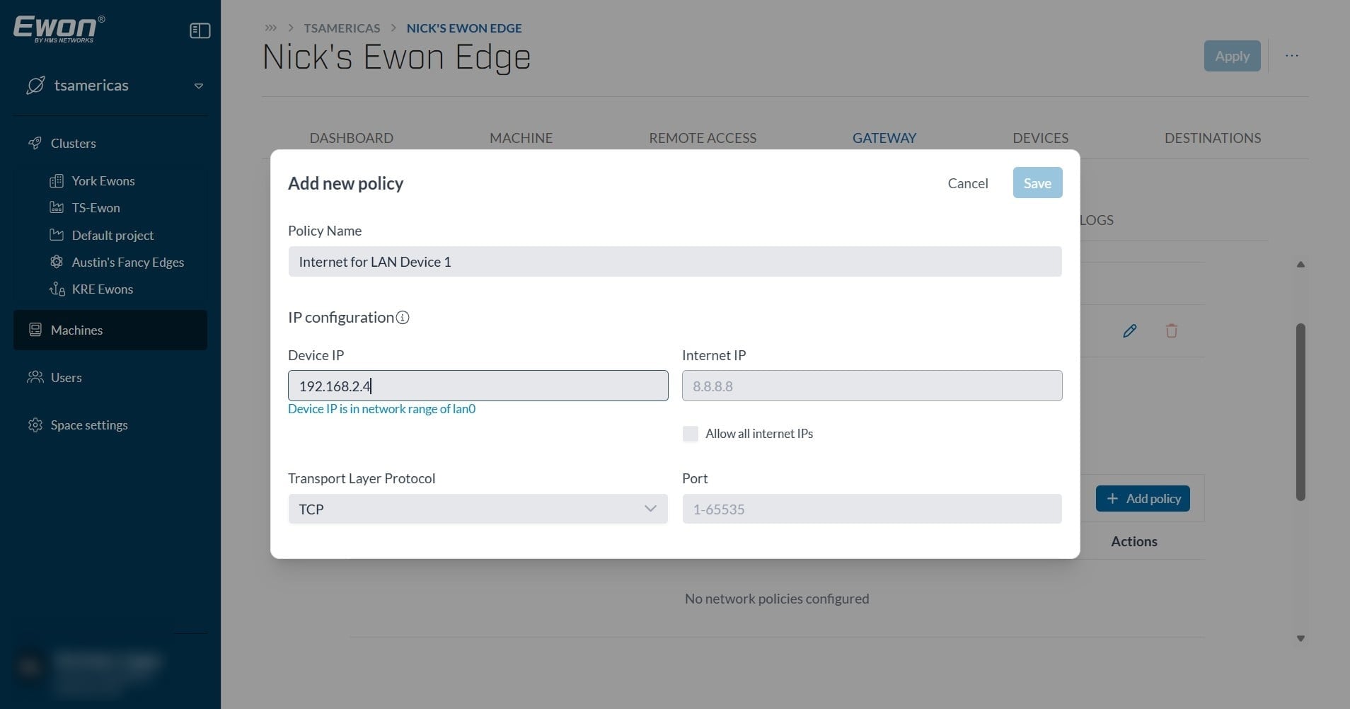 Next, you will select which Internet IP address your LAN device is allowed to reach.