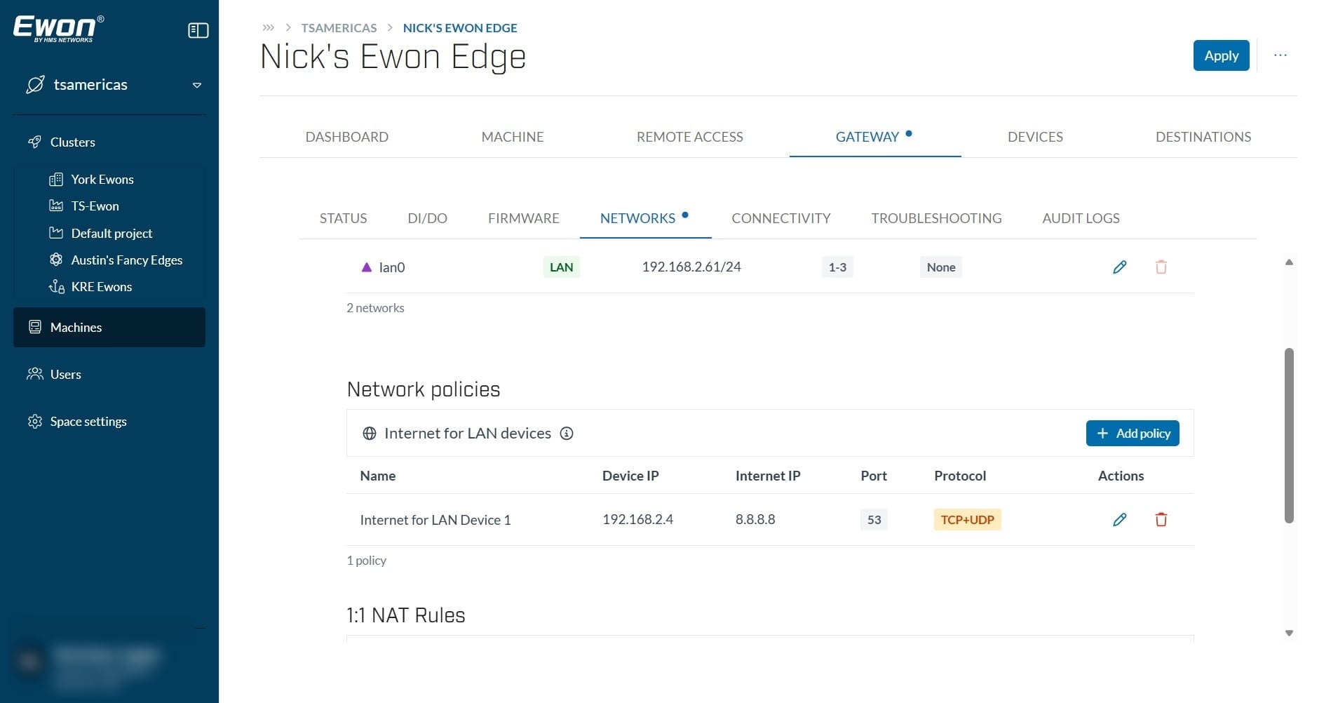 You can now see that your policy was created. If needed, you can edit this policy, or delete it under the actions section on the far right. The LAN device specified should now have internet access through the defined policy rules.