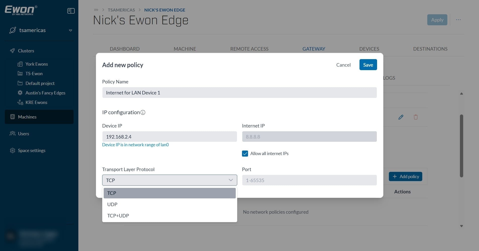 Next, select which transport layer protocol your LAN device is allowed to use for this communication to the internet.