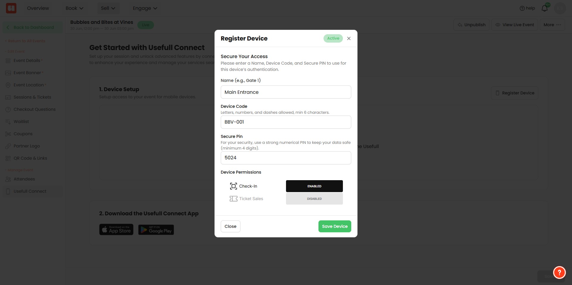Now select your capabilities, i.e., Check-in and/or Ticket Sales. This will determine what your device sees when you log in.