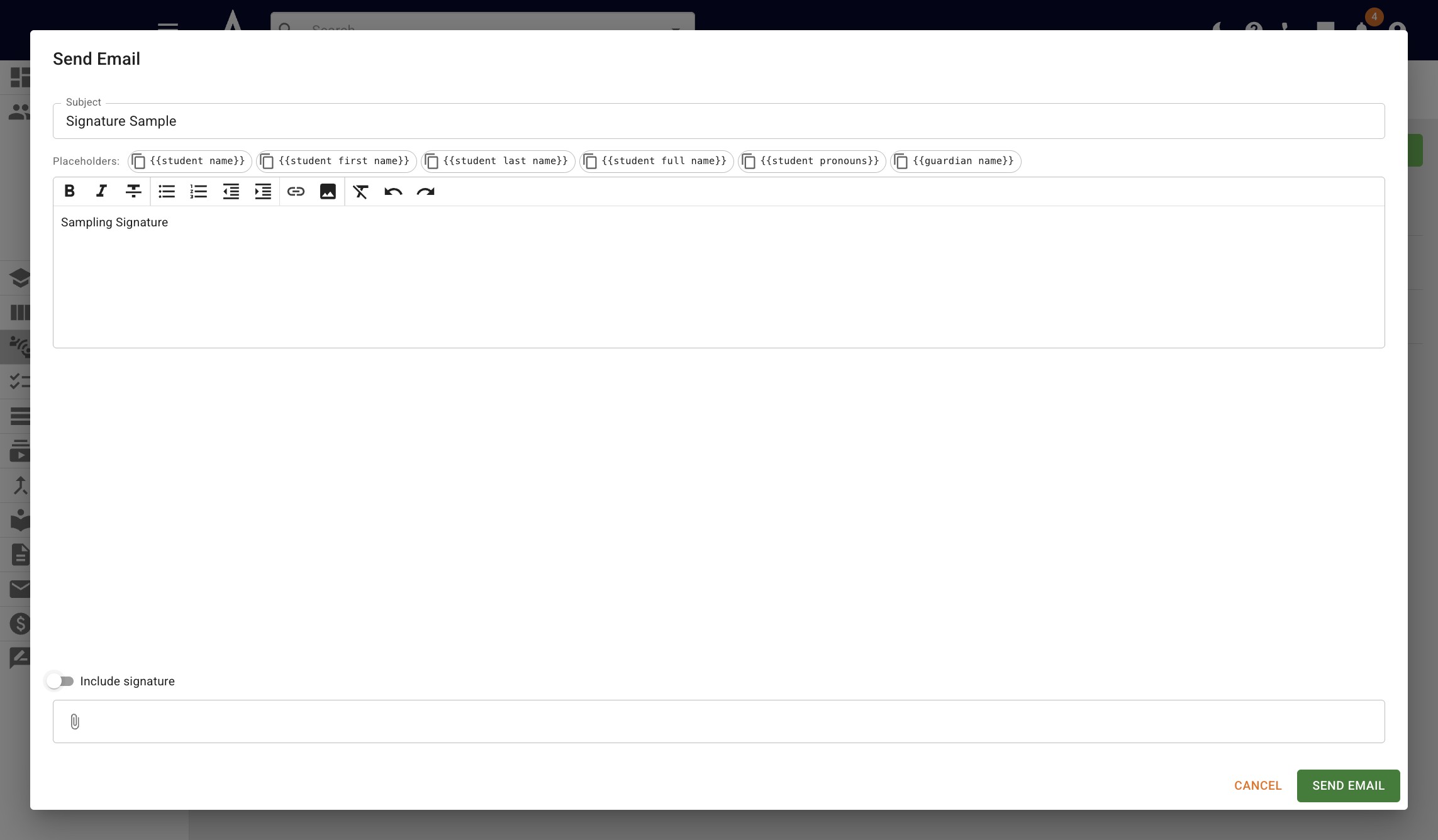If you don't want to include your signature for a certain email or email template, you can toggle it off