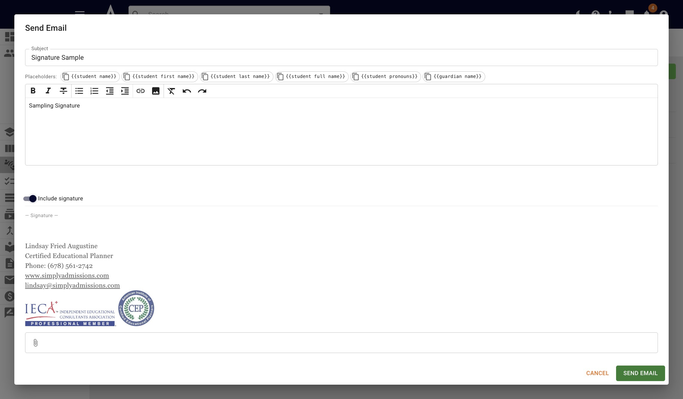 Going forward, when sending a one-off email or templates, the **Include signature** option will be toggled on by default 