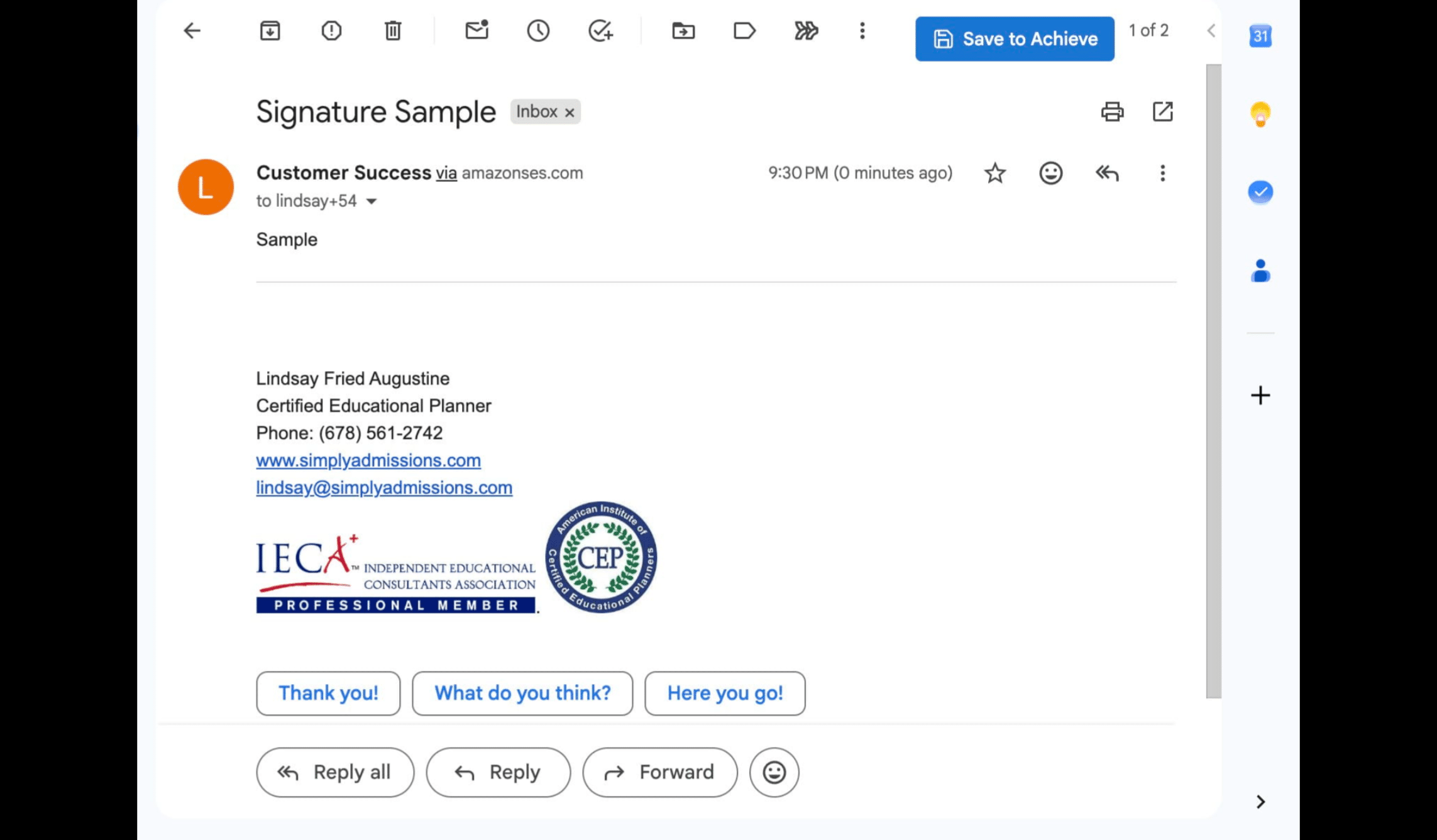 When toggled on, your signature will be included as seen below. 