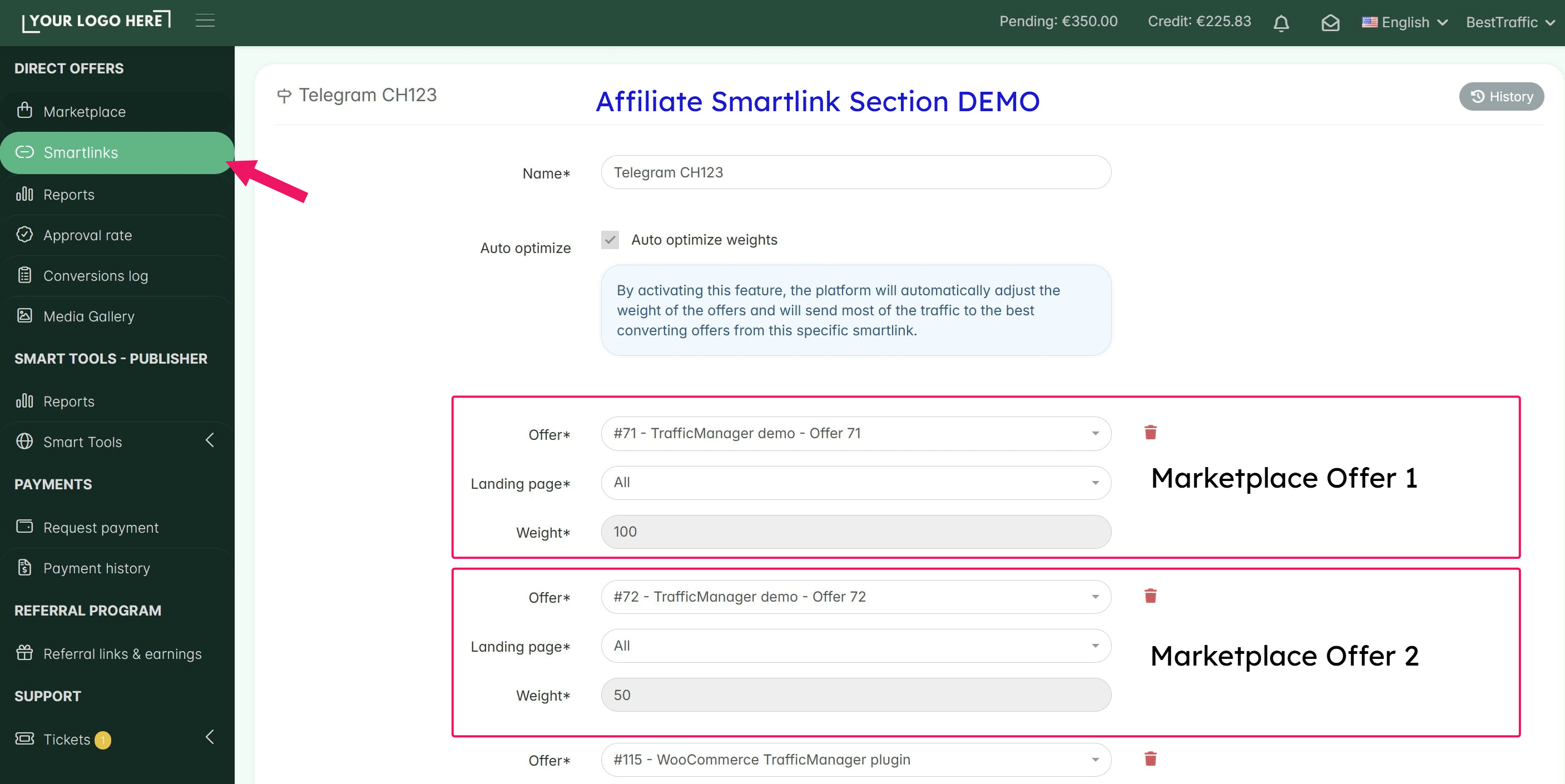 **This is an incredible automated A/B testing tool that you can open for your affiliates. It will help them improve their EPC (Earnings Per Click) right away.**
&nbsp;
***Note:** We suggest activating this feature only if you have multiple offers/products in your Marketplace, or a single offer with multiple landing pages to test.*