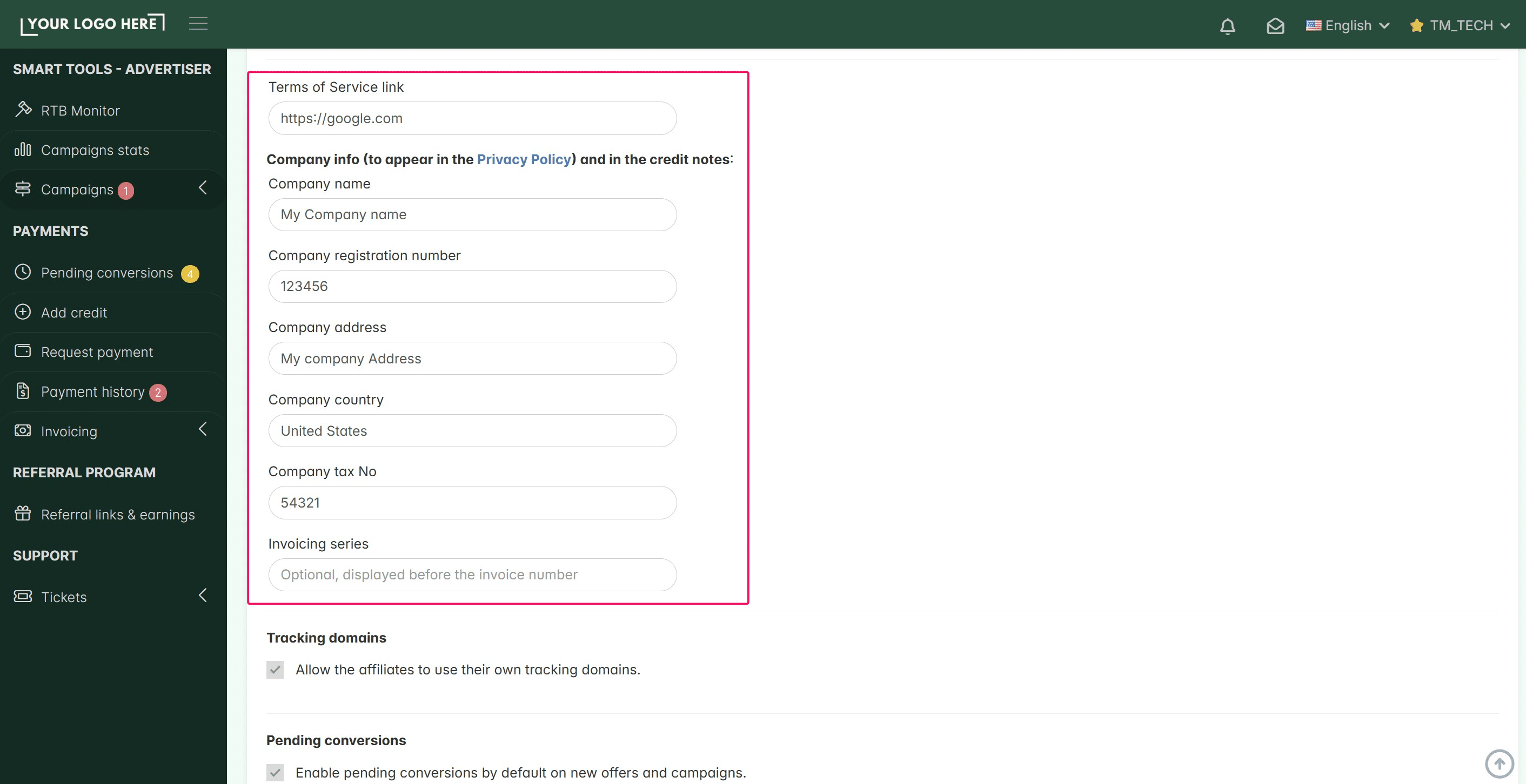 While you must **host your own Terms of Service page** on your company website or landing page (as each company has its own specific requirements) and link it to your TrafficManager platform as described above, the **Privacy Policy page** is auto-generated by our system **using those same company details**, because we process the data on your behalf.