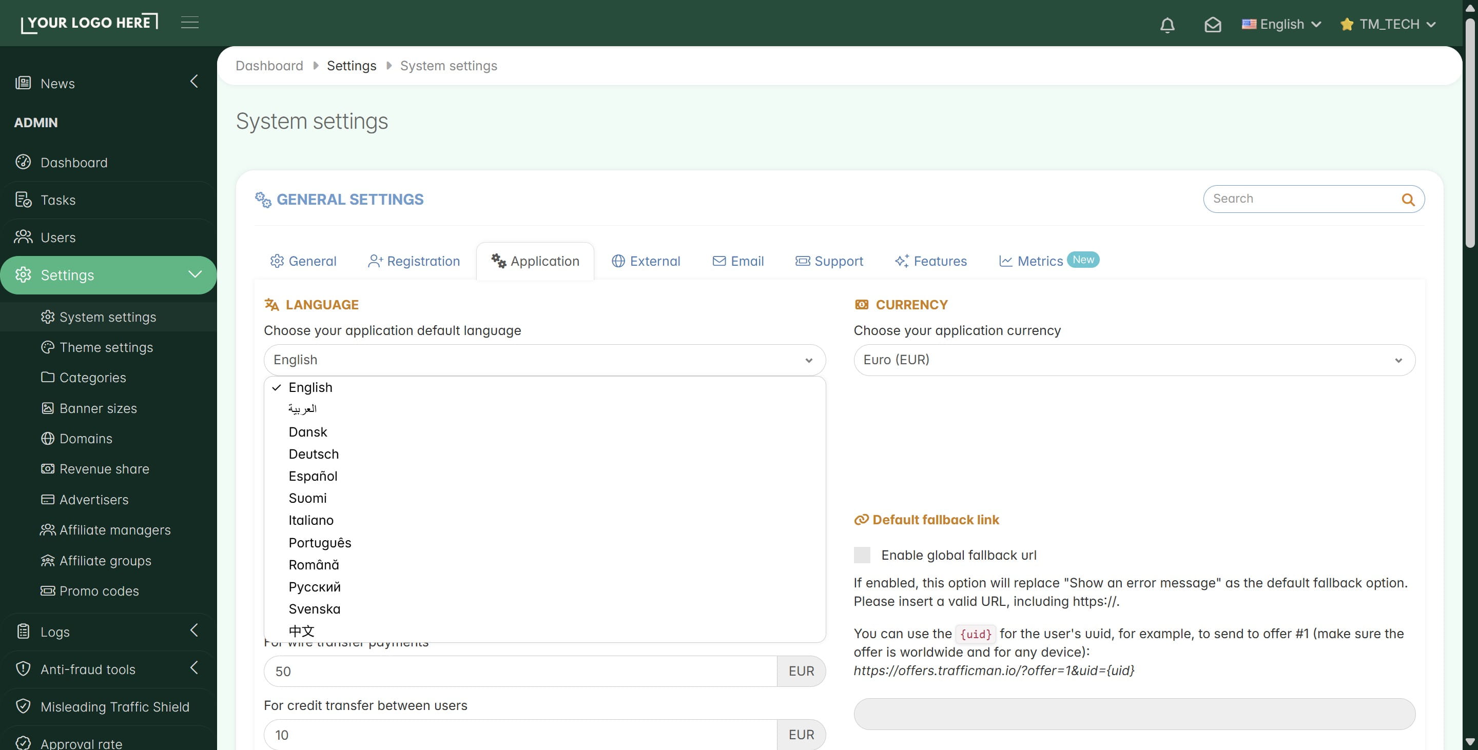 **Default Language:** Choose the language for the affiliate’s dashboard (for example: English, Spanish, Italian, etc).