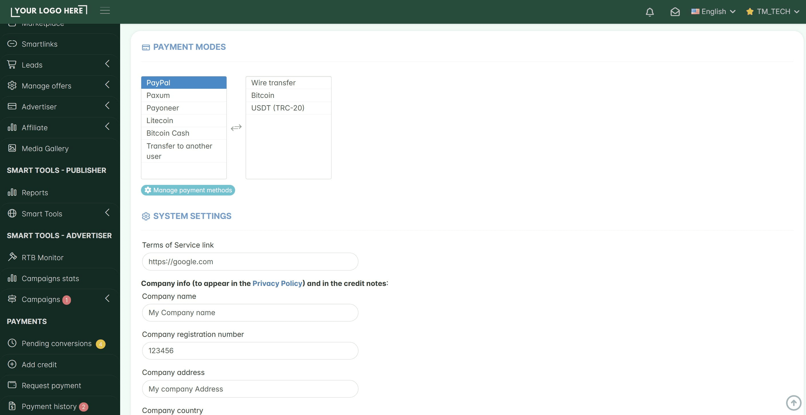**- Your affiliate network company info and legal pages**
&nbsp;
**VERY IMPORTANT:** The company information you add in this section and the link in the Terms of Service field will appear at the bottom of the registration page of your affiliate network within the **Terms of Service and Privacy Policy pages**.