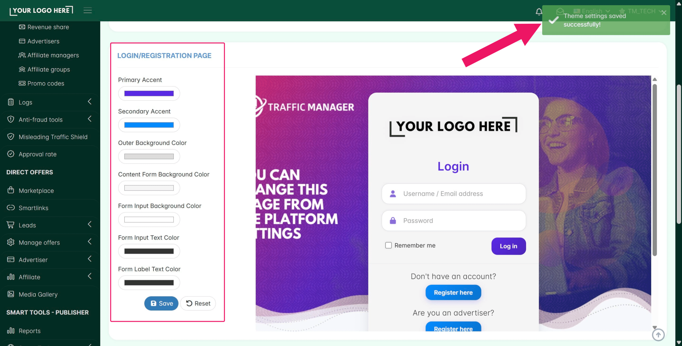 For extra customization of the colors for both the platform dashboard and the affiliate login or registration pages, you can use the options present on this same page **after the new theme has been selected and saved**.
&nbsp;
*(Don't forget to save your modifications again.)*