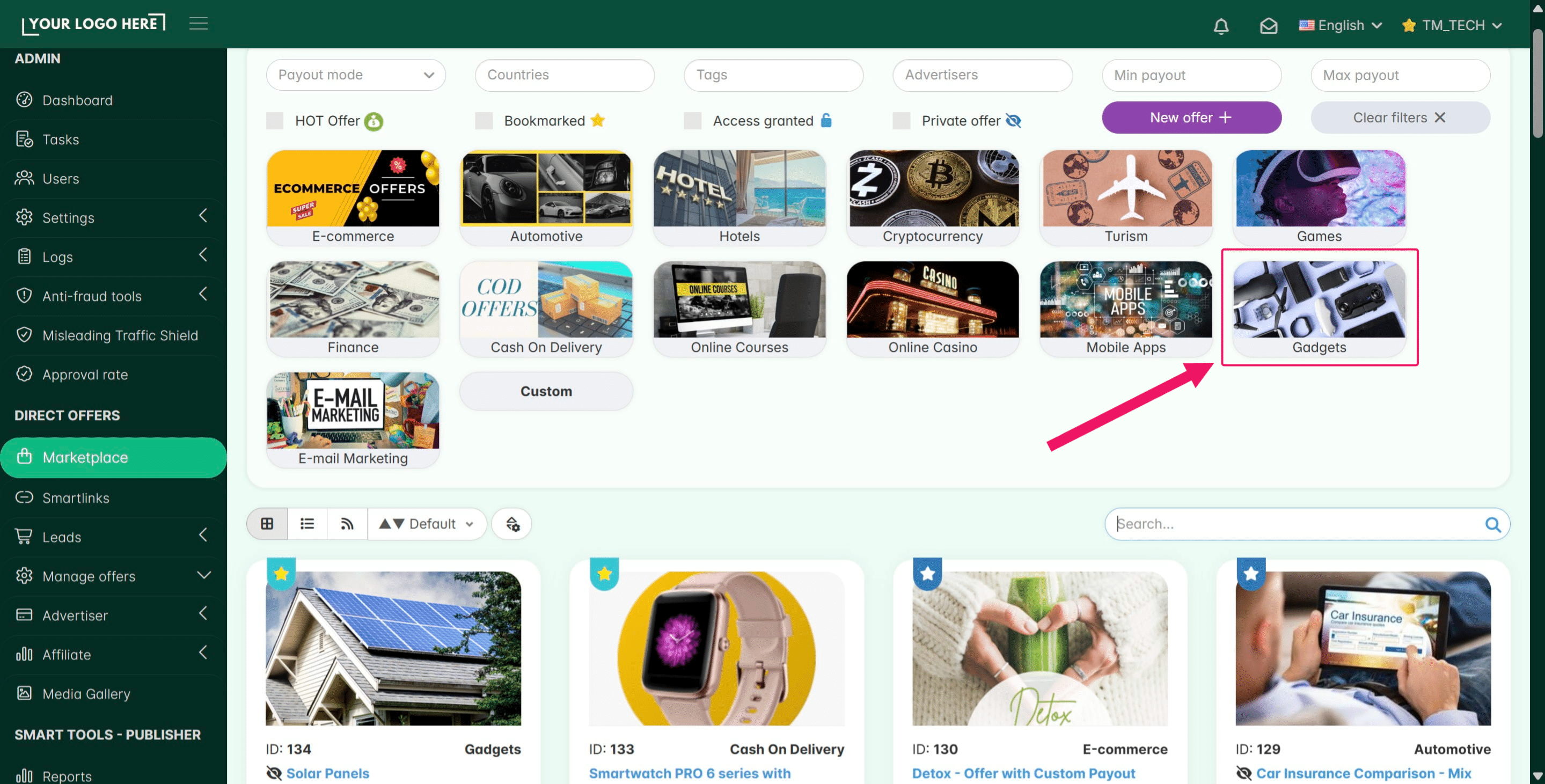 Once the category has been created and an offer has been assigned to it, the category will be visible on the **Marketplace** page. 
&nbsp;
**Info:** *Categories allow your affiliates to filter offers based on their traffic type or area of interest*