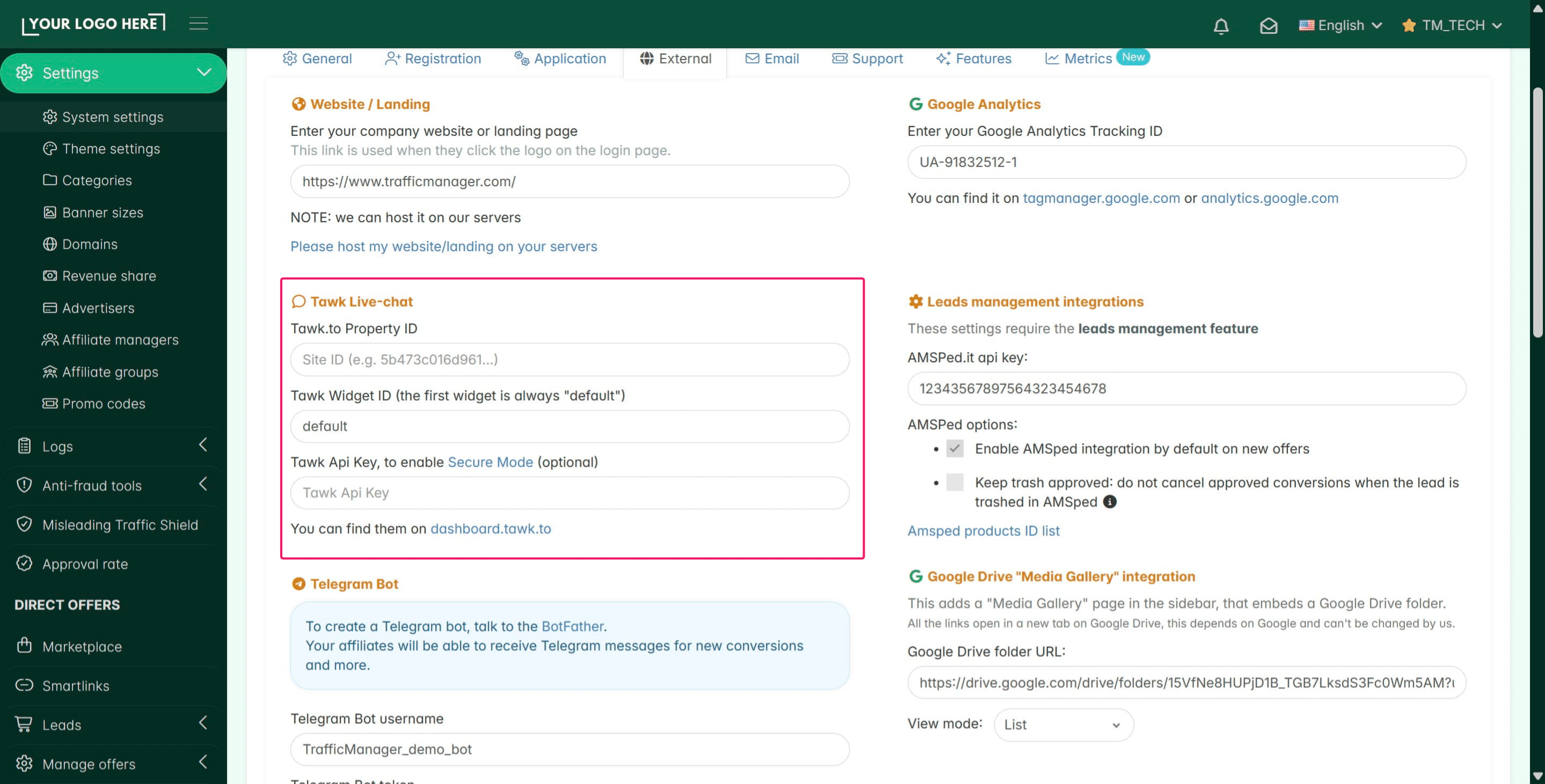 **Tawk Live-chat:** Connect your Tawk.to account to show a chat bubble on your platform. This allows you to give instant support to your affiliates.