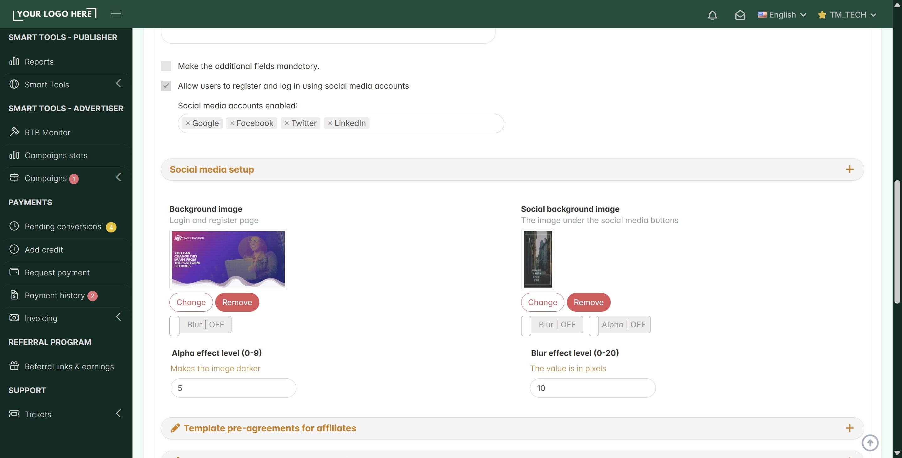 **- configure registration and login using social media accounts**,