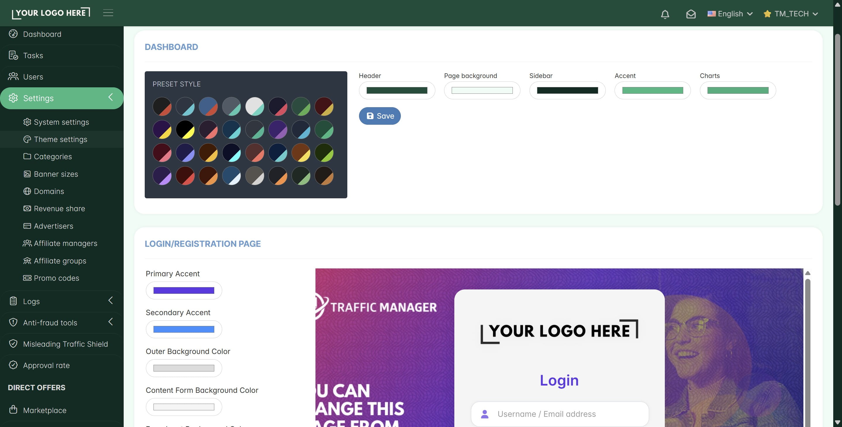 To customize your TrafficManager platform theme color, click on **Theme settings**.