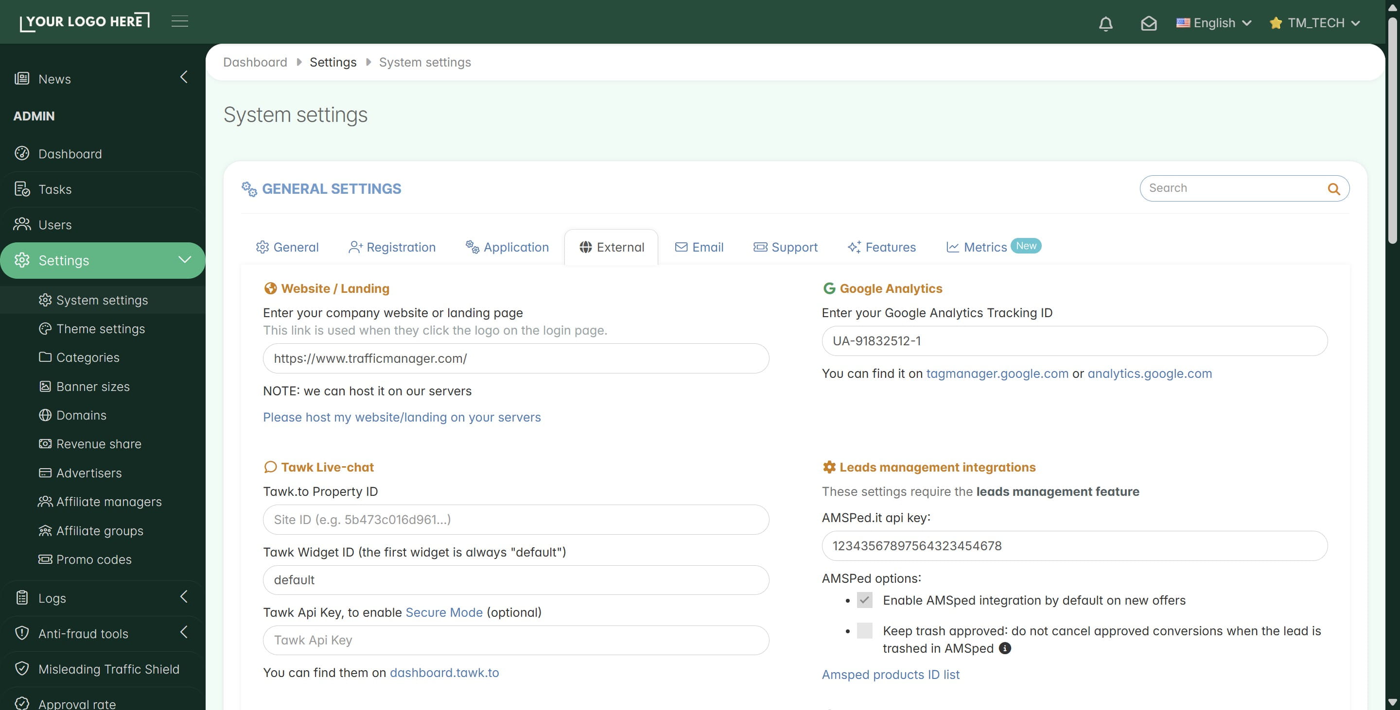 ## **6. External Tab (Optional Integrations)**
&nbsp;

*The External tab is where you connect your platform to other popular tools. This helps you automate your work and communicate better with your partners.*