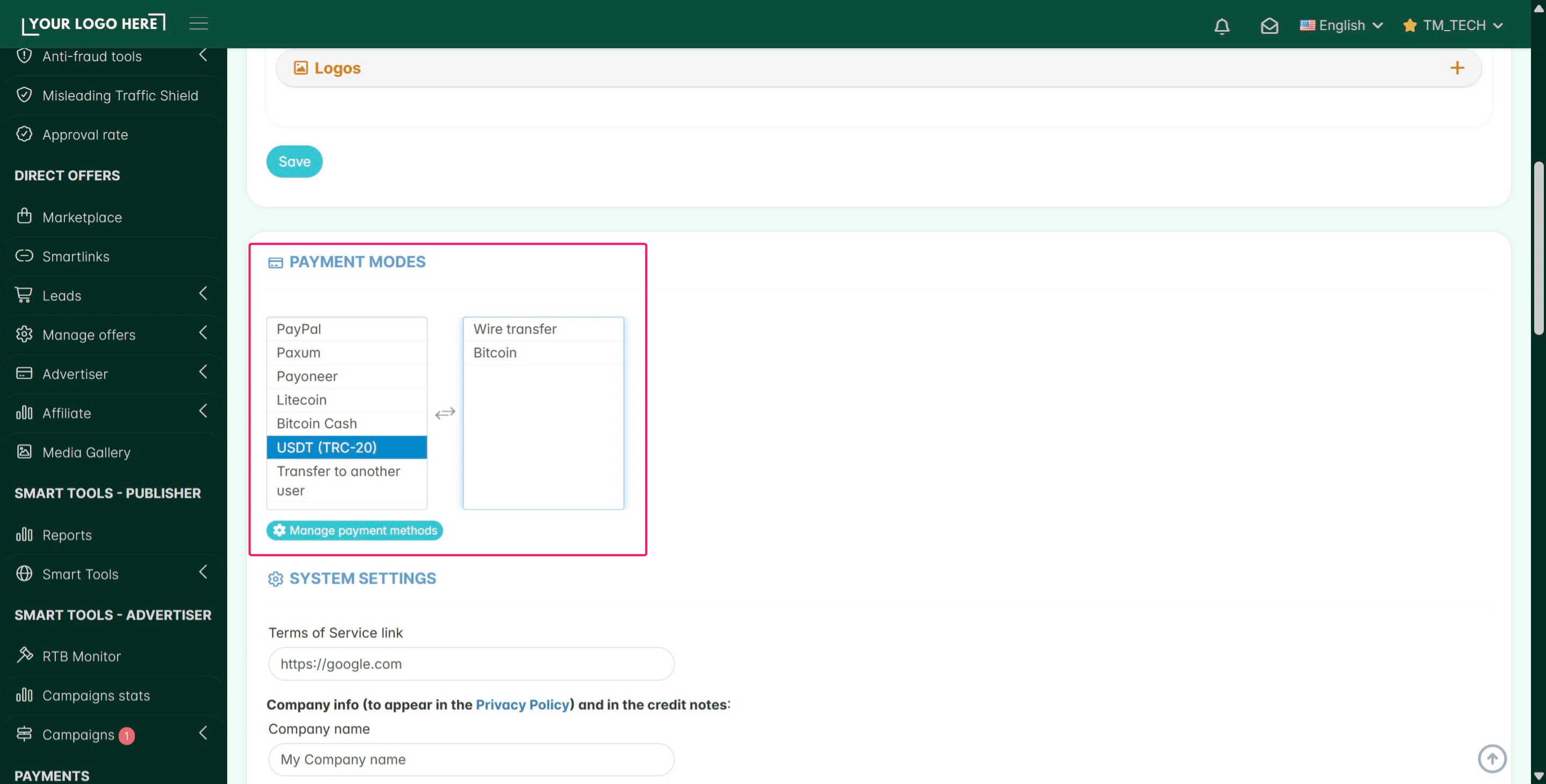 **- Affiliate Payment Method Profiles**
Here you can select from the preconfigured options or create new "containers" for affiliate payment data and their payment profiles.
**Info:** *TrafficManager does not process the actual movement of money. These profiles simply collect specific account details from the affiliate so you can pay them manually.*