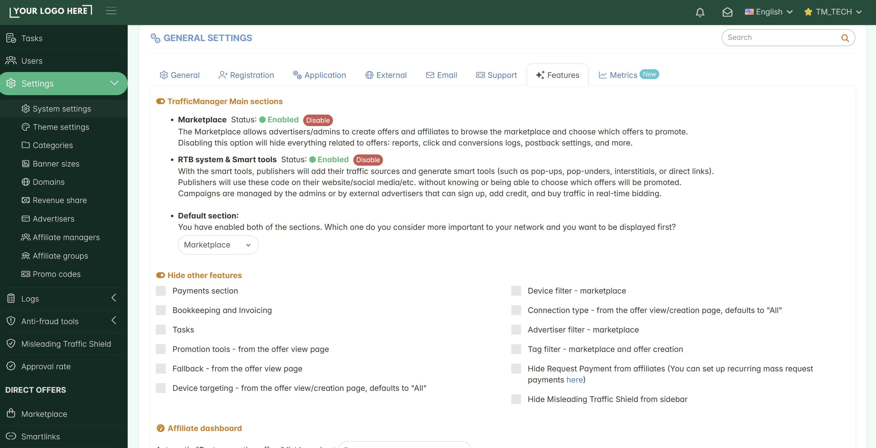 ## 7. Miscellaneous Settings: **Features**
&nbsp;
In this page, you can customize how your platform looks and works. You can turn specific tools on or off and activate special features for you or your affiliates.