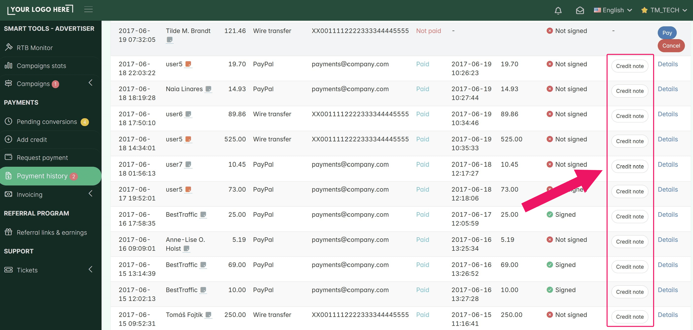 The same company details added to that section will also be included on the **affiliate credit notes** our system generates automatically once you mark a payment as **"Paid."**