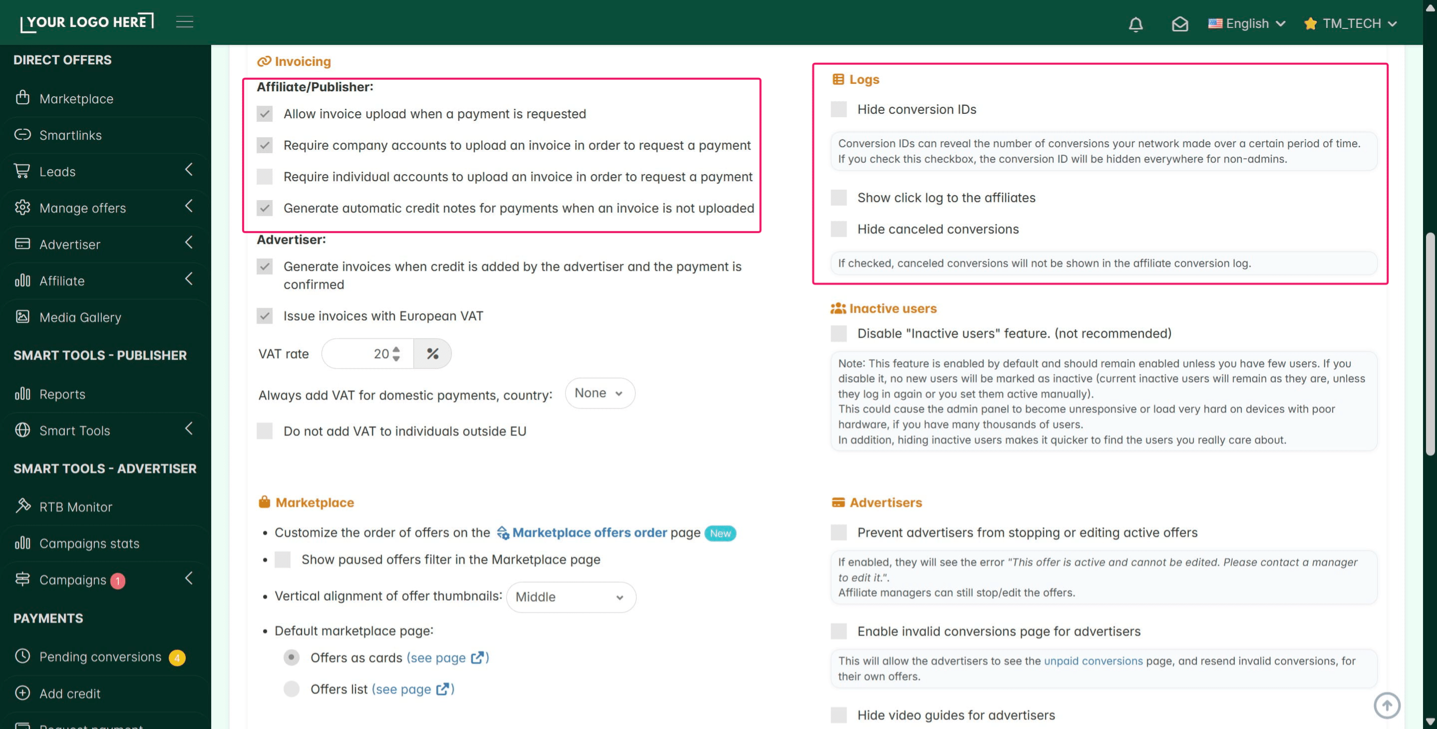 Before moving to the next section, you will find other useful tools on this page. These include settings for Affiliate Invoicing, Advertiser Invoicing, and other functions to help manage your network.
&nbsp;
**Take a moment to look through these extra options to see which ones fit your needs.**
